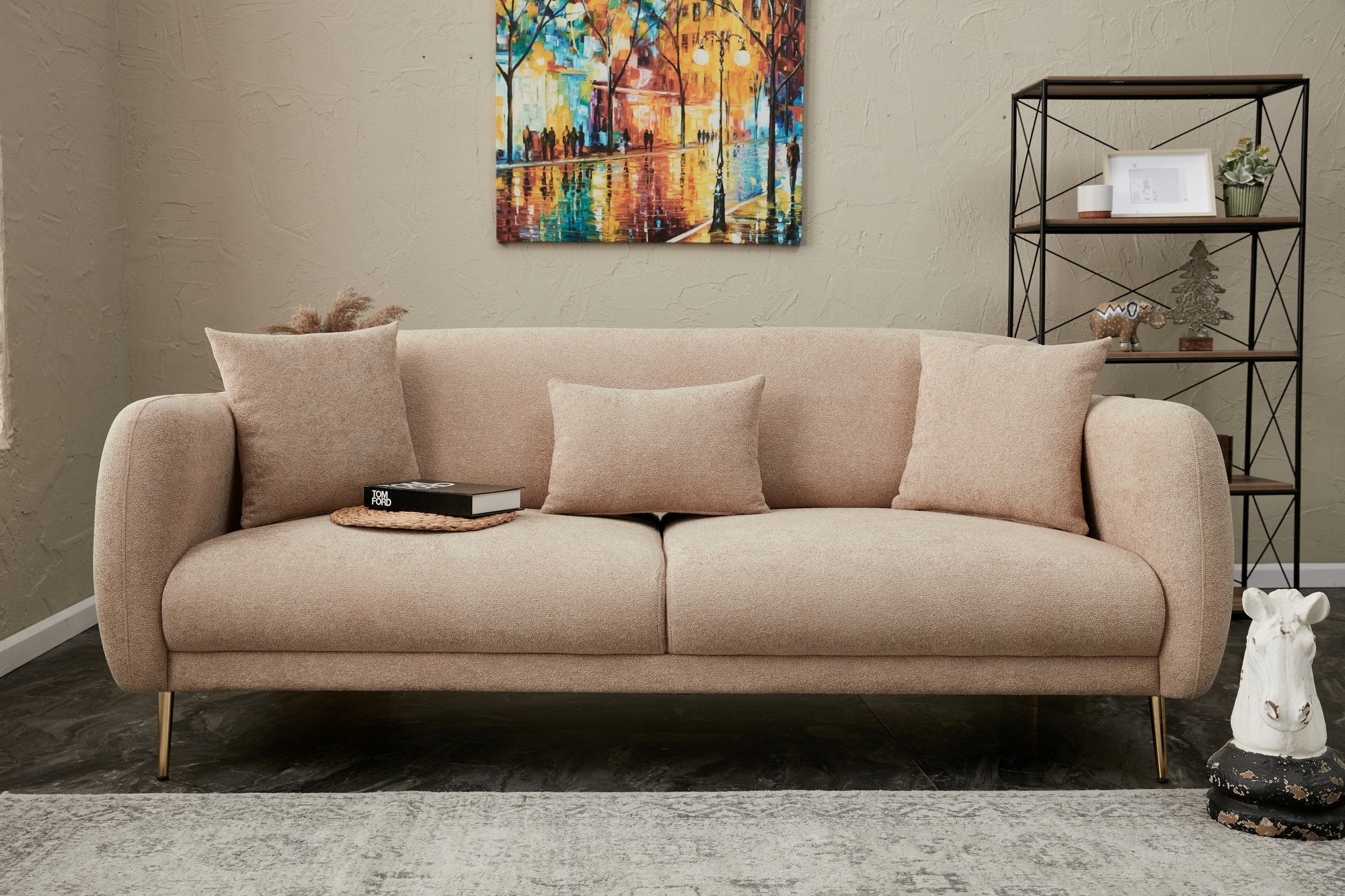Sofá-cama elegante de 3 lugares, estrutura de madeira de faia, bege e dourado, 210 x 95 cm | 100% poliéster, fácil de limpar, design moderno e glamouroso, perfeito para casa e hotel