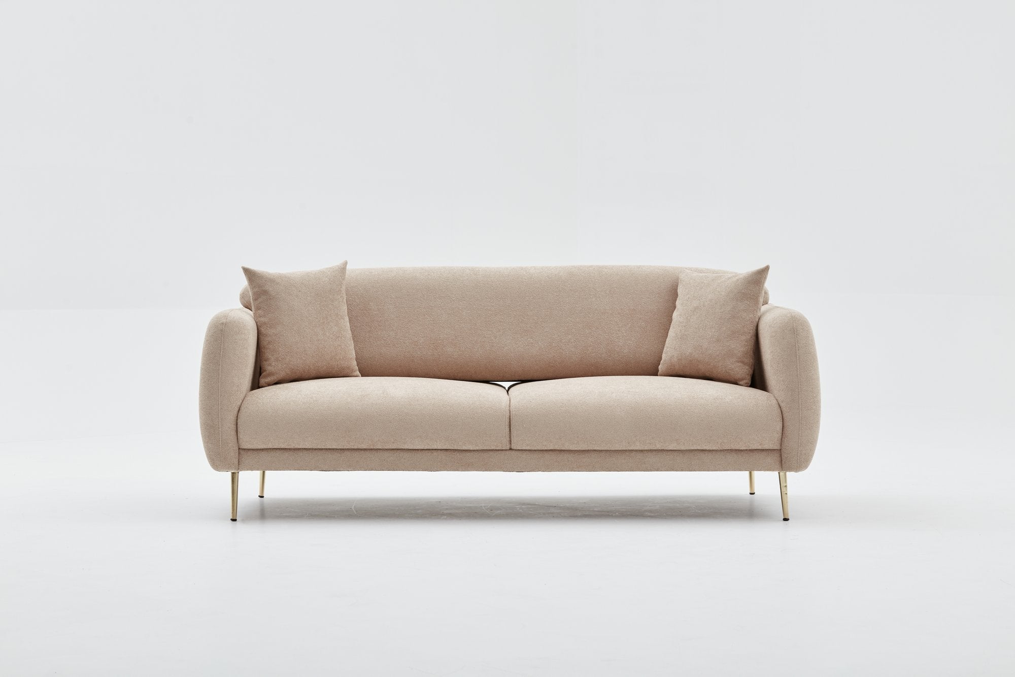 Sofá-cama elegante de 3 lugares, estrutura de madeira de faia, bege e dourado, 210 x 95 cm | 100% poliéster, fácil de limpar, design moderno e glamouroso, perfeito para casa e hotel