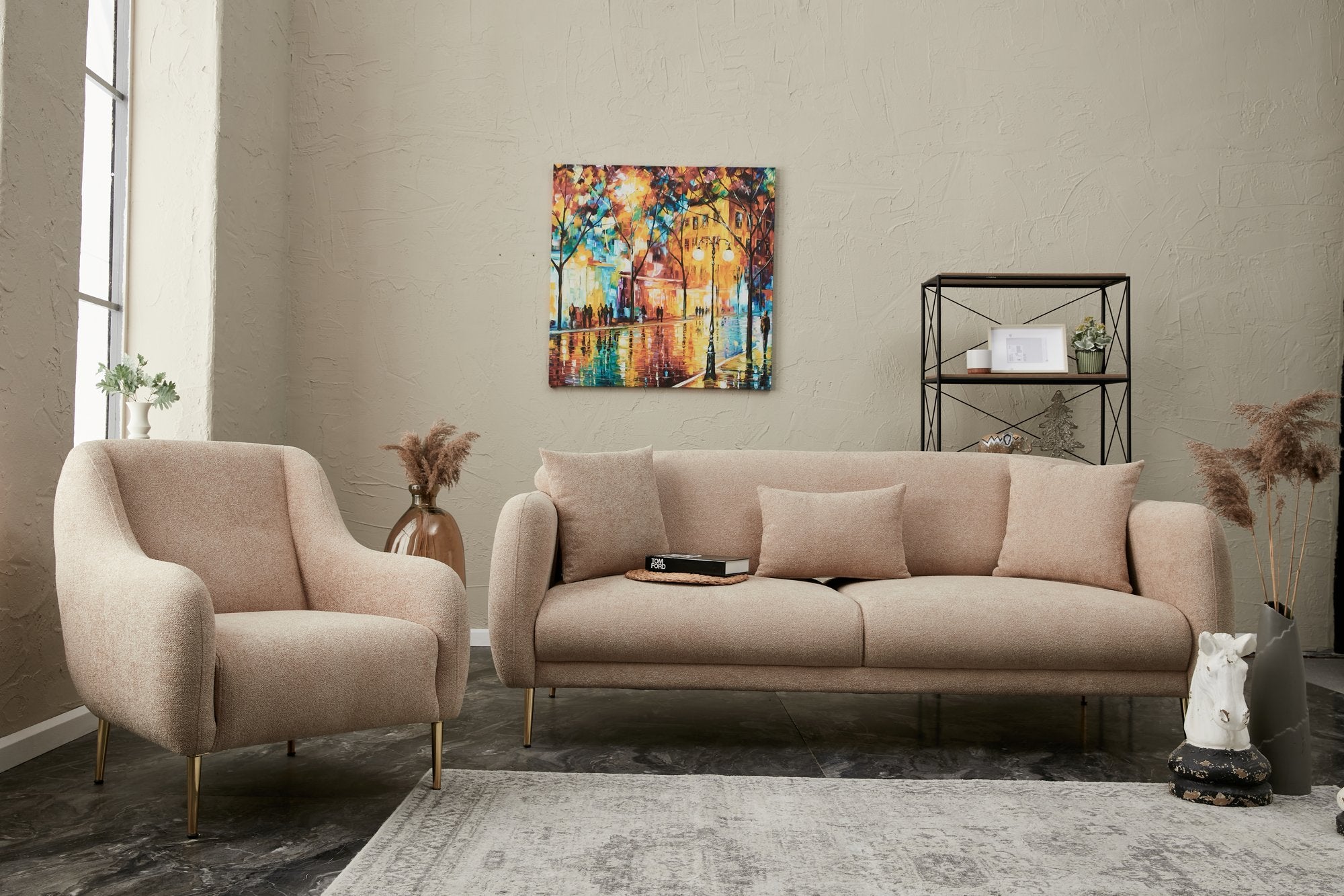 Sofá-cama elegante de 3 lugares, estrutura de madeira de faia, bege e dourado, 210 x 95 cm | 100% poliéster, fácil de limpar, design moderno e glamouroso, perfeito para casa e hotel