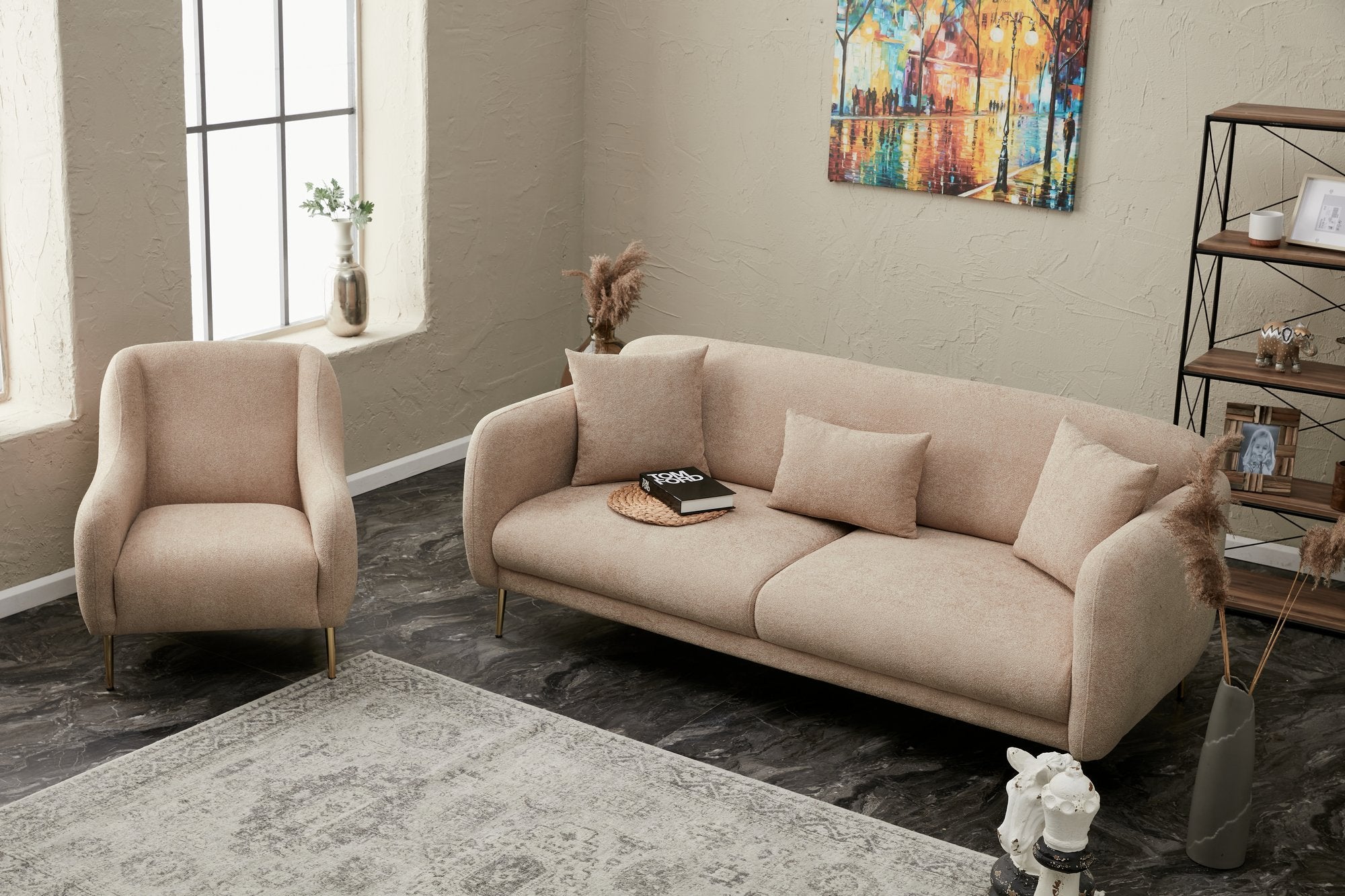 Sofá-cama elegante de 3 lugares, estrutura de madeira de faia, bege e dourado, 210 x 95 cm | 100% poliéster, fácil de limpar, design moderno e glamouroso, perfeito para casa e hotel