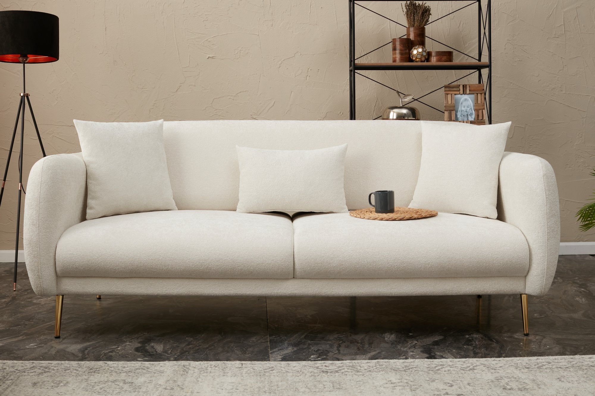 Sofá-cama elegante de 3 lugares, creme e dourado, estrutura de madeira de faia, 210 x 95 cm | 100% poliéster, fácil de limpar, design moderno e glamouroso, perfeito para casa e hotel