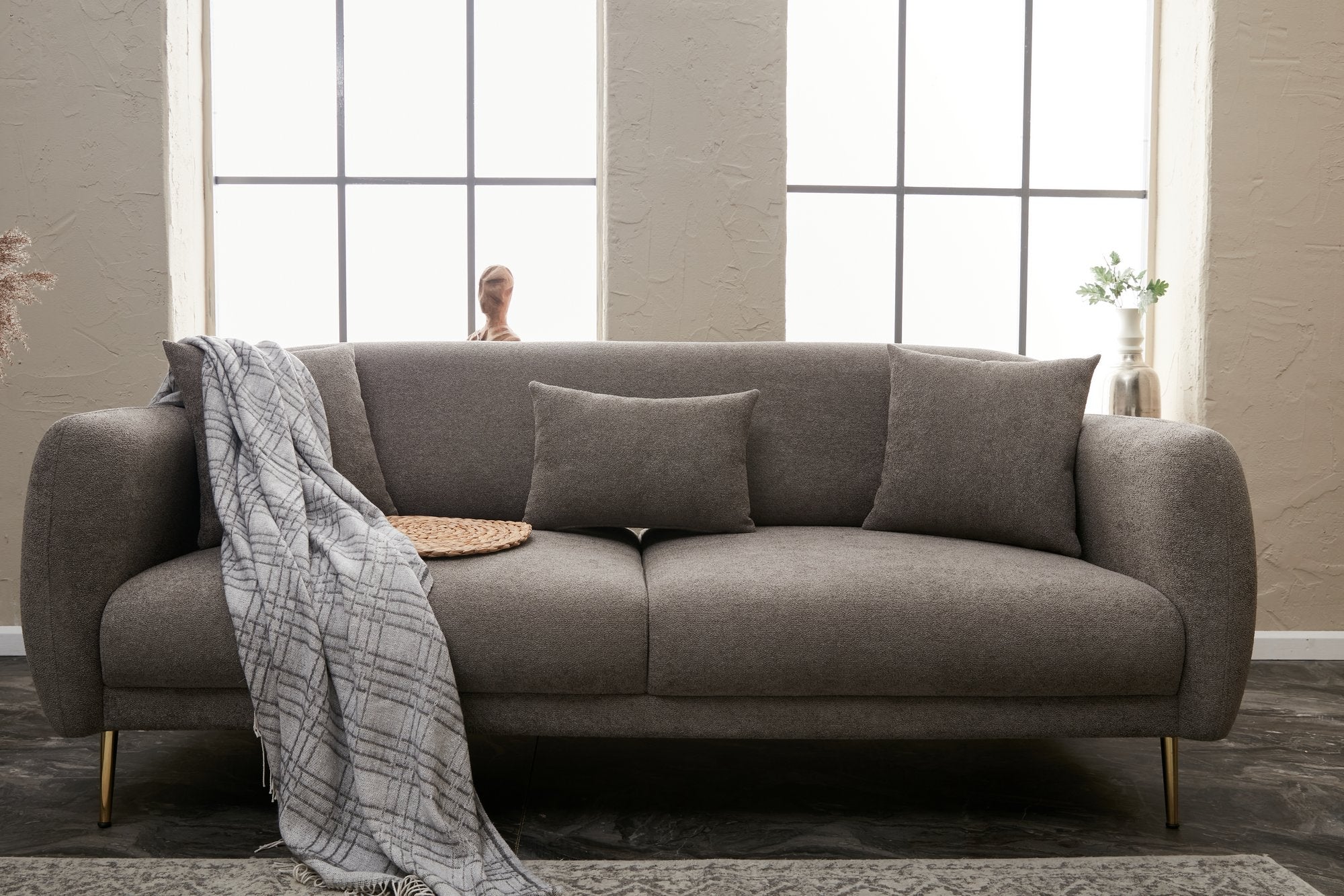 Sofá-cama elegante de 3 lugares, cinza e dourado, estrutura de madeira de faia, 210 x 95 x 80 cm | Tecido fácil de limpar, pernas de metal, perfeito para decoração glamourosa e escandinava