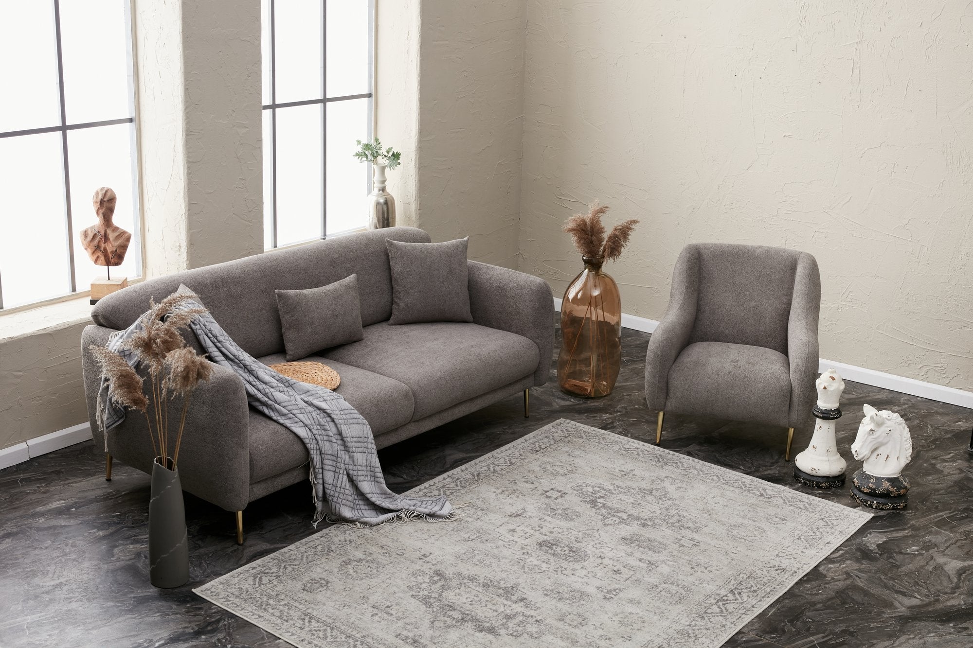 Sofá-cama elegante de 3 lugares, cinza e dourado, estrutura de madeira de faia, 210 x 95 x 80 cm | Tecido fácil de limpar, pernas de metal, perfeito para decoração glamourosa e escandinava