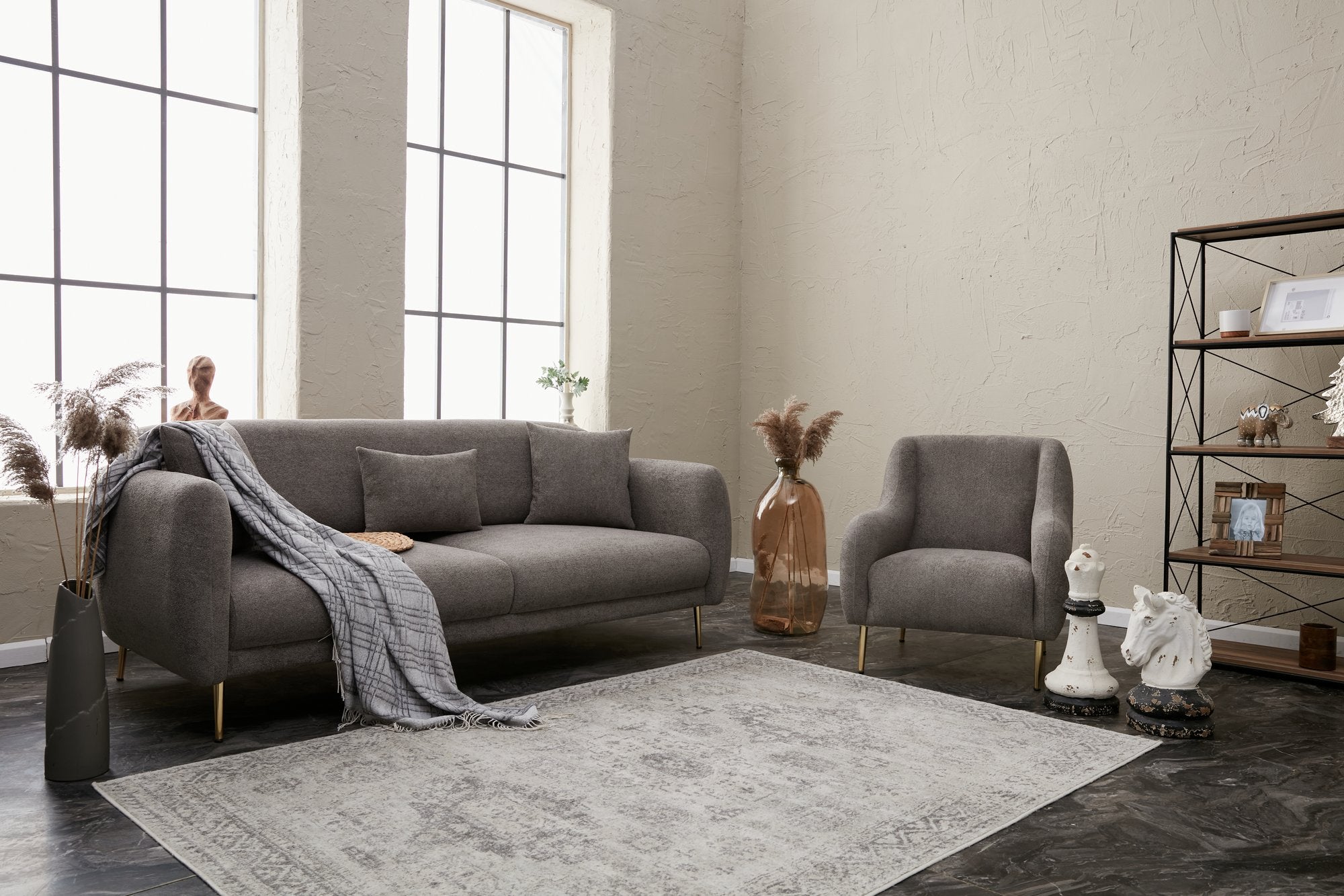 Sofá-cama elegante de 3 lugares, cinza e dourado, estrutura de madeira de faia, 210 x 95 x 80 cm | Tecido fácil de limpar, pernas de metal, perfeito para decoração glamourosa e escandinava