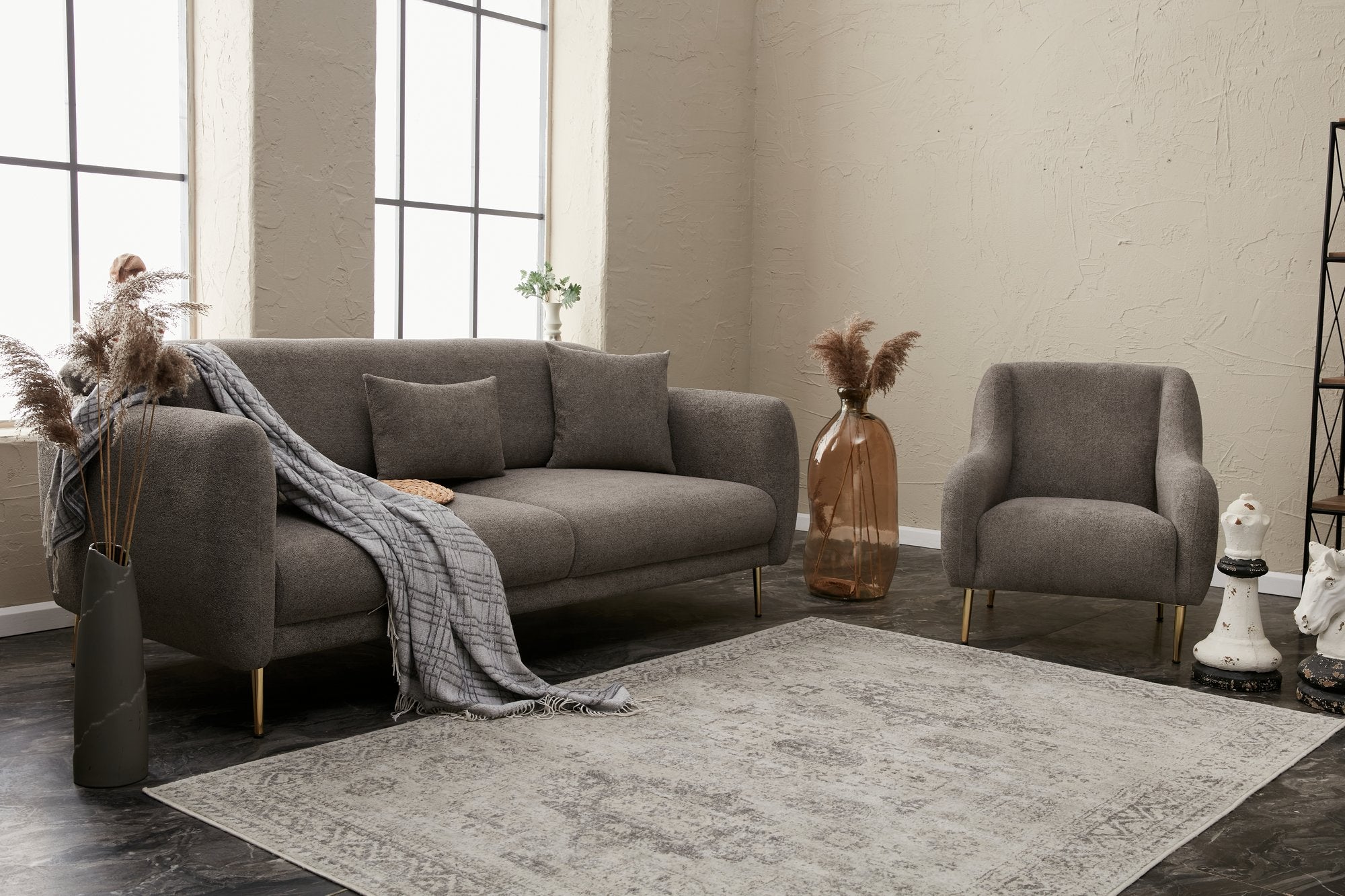 Sofá-cama elegante de 3 lugares, cinza e dourado, estrutura de madeira de faia, 210 x 95 x 80 cm | Tecido fácil de limpar, pernas de metal, perfeito para decoração glamourosa e escandinava