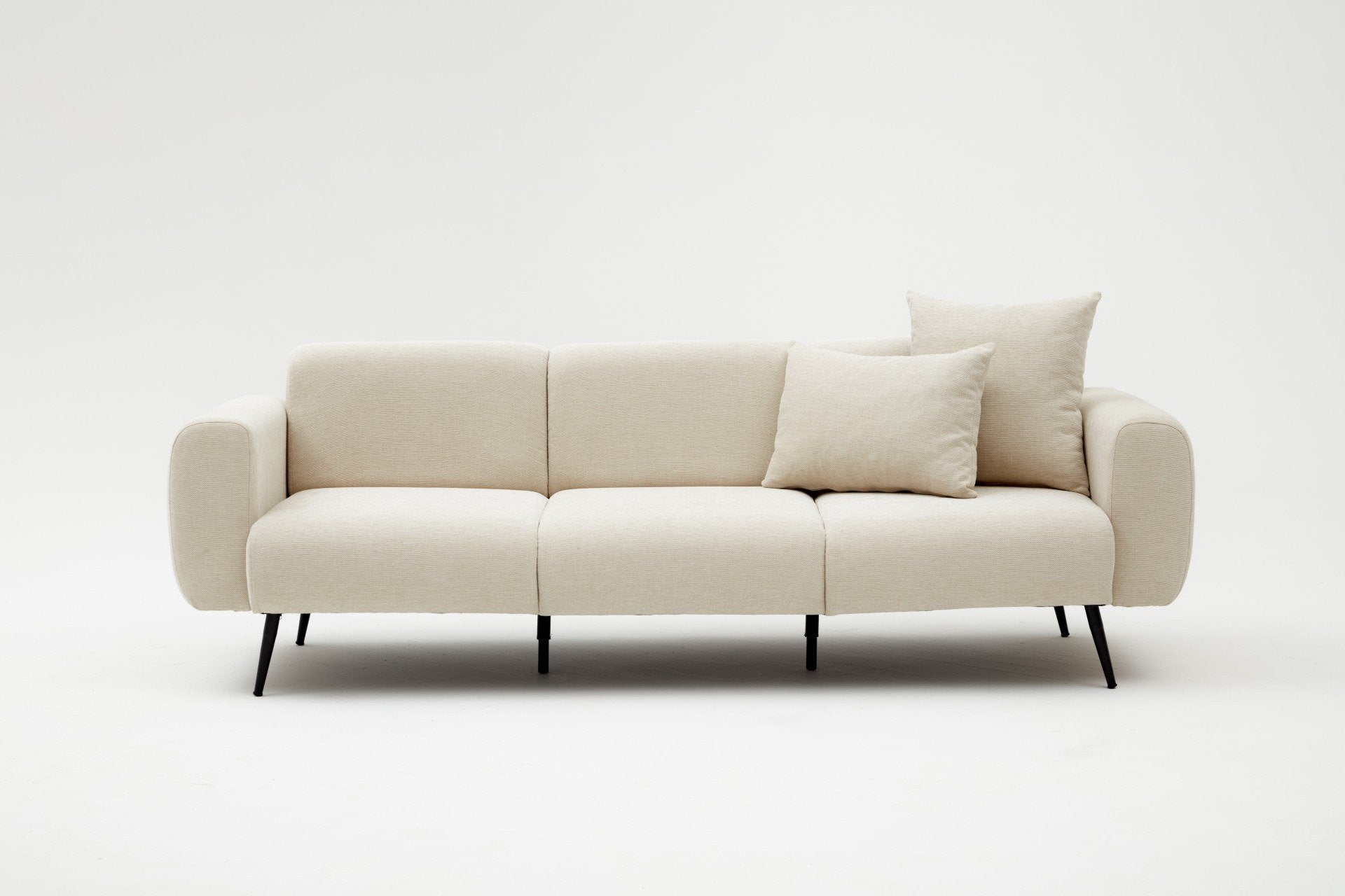 Sofá elegante de 3 lugares, cor creme, estrutura de madeira de faia, tecido bouclette 100% poliéster | 235 cm de largura, fácil de limpar, pernas de metal, perfeito para salas de estar modernas