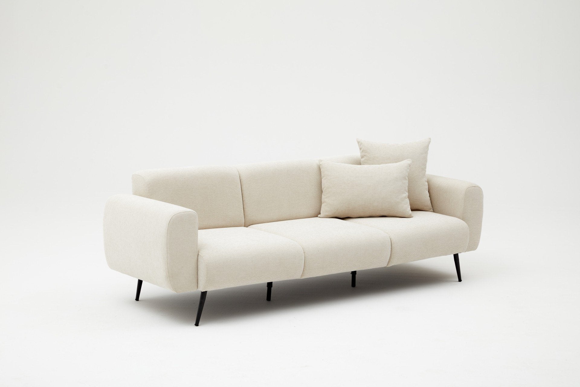 Sofá elegante de 3 lugares, cor creme, estrutura de madeira de faia, tecido bouclette 100% poliéster | 235 cm de largura, fácil de limpar, pernas de metal, perfeito para salas de estar modernas