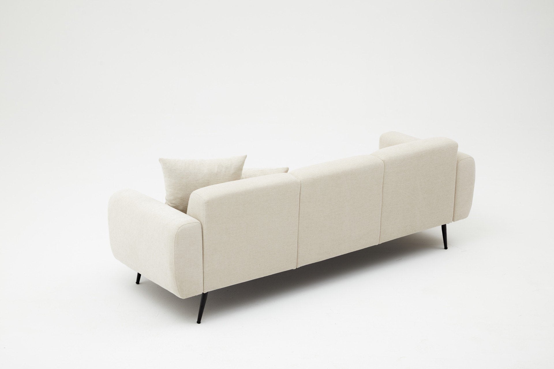 Sofá elegante de 3 lugares, cor creme, estrutura de madeira de faia, tecido bouclette 100% poliéster | 235 cm de largura, fácil de limpar, pernas de metal, perfeito para salas de estar modernas