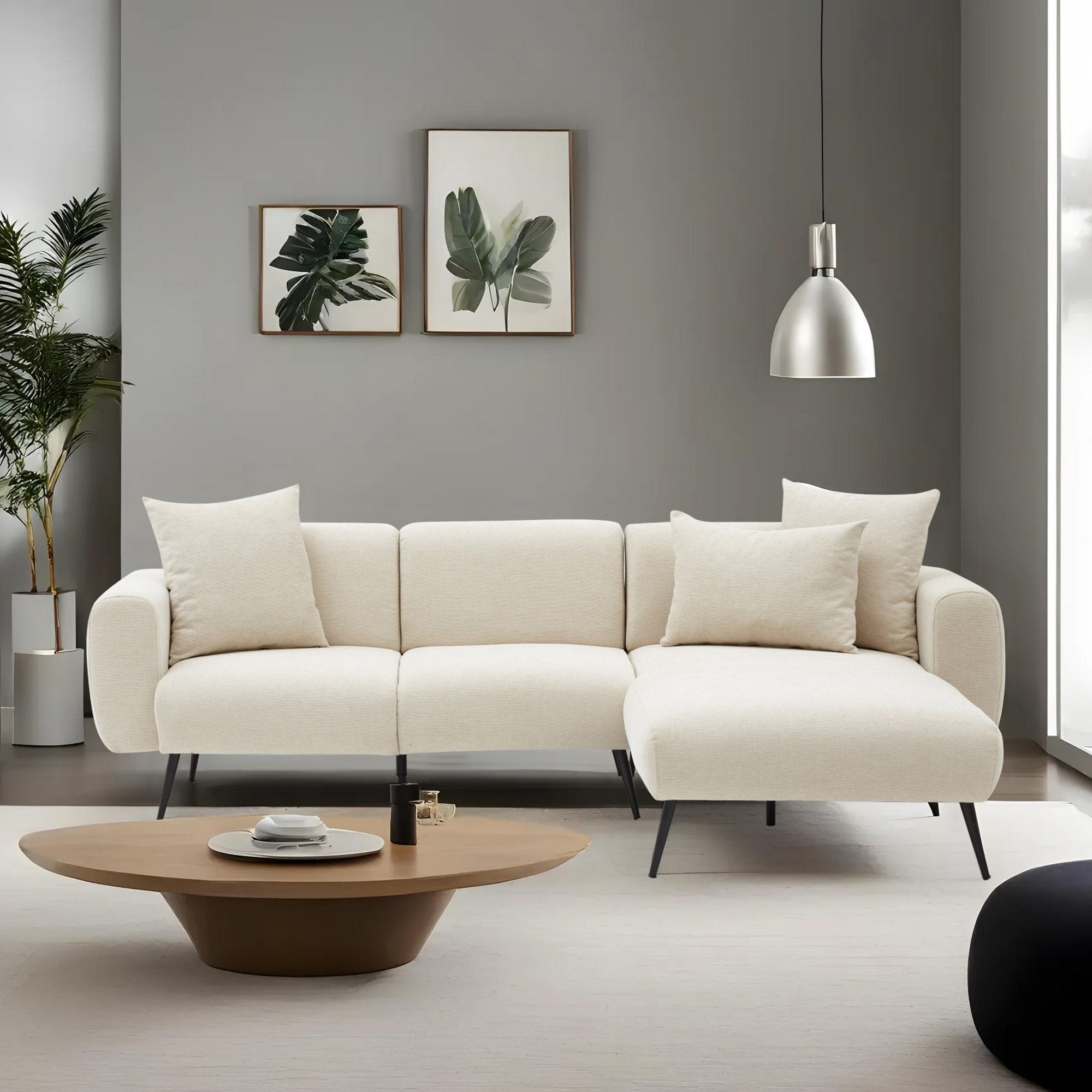 Sofá de canto elegante em tom creme, estrutura de madeira de faia, 252 cm | Tecido Bouclette 100% poliéster, fácil de limpar | Design reversível, pernas de metal, perfeito para salas de estar modernas