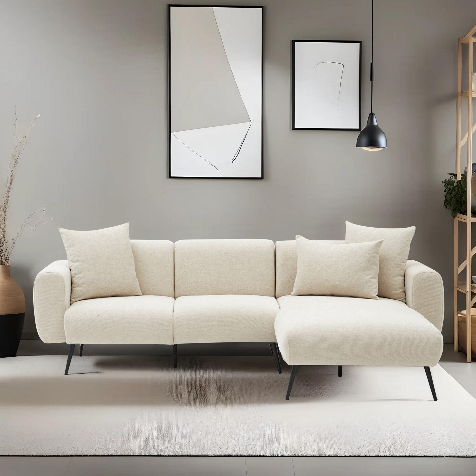 Sofá de canto elegante em tom creme, estrutura de madeira de faia, 252 cm | Tecido Bouclette 100% poliéster, fácil de limpar | Design reversível, pernas de metal, perfeito para salas de estar modernas
