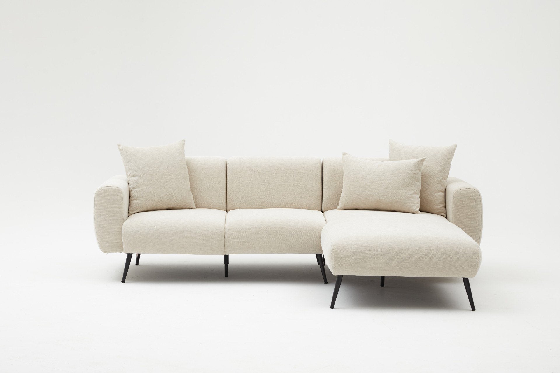 Sofá de canto elegante em tom creme, estrutura de madeira de faia, 252 cm | Tecido Bouclette 100% poliéster, fácil de limpar | Design reversível, pernas de metal, perfeito para salas de estar modernas