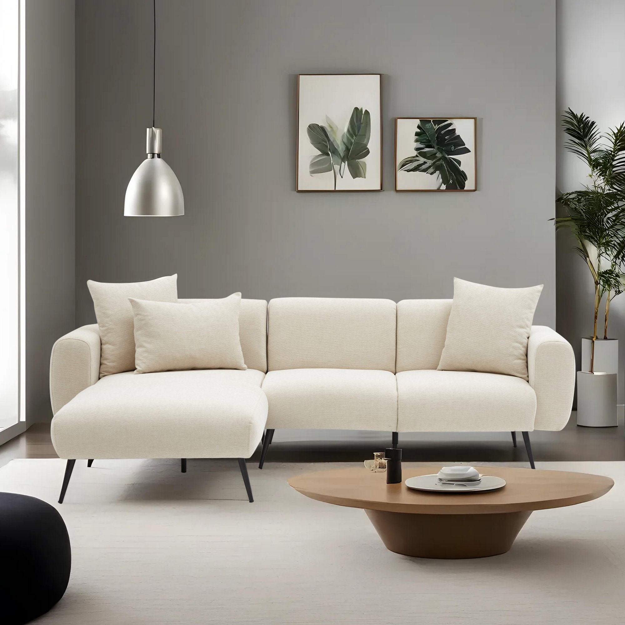 Sofá de canto elegante em tom creme, estrutura de madeira de faia, 252 cm | Tecido Bouclette 100% poliéster, fácil de limpar | Design reversível, pernas de metal, perfeito para salas de estar modernas