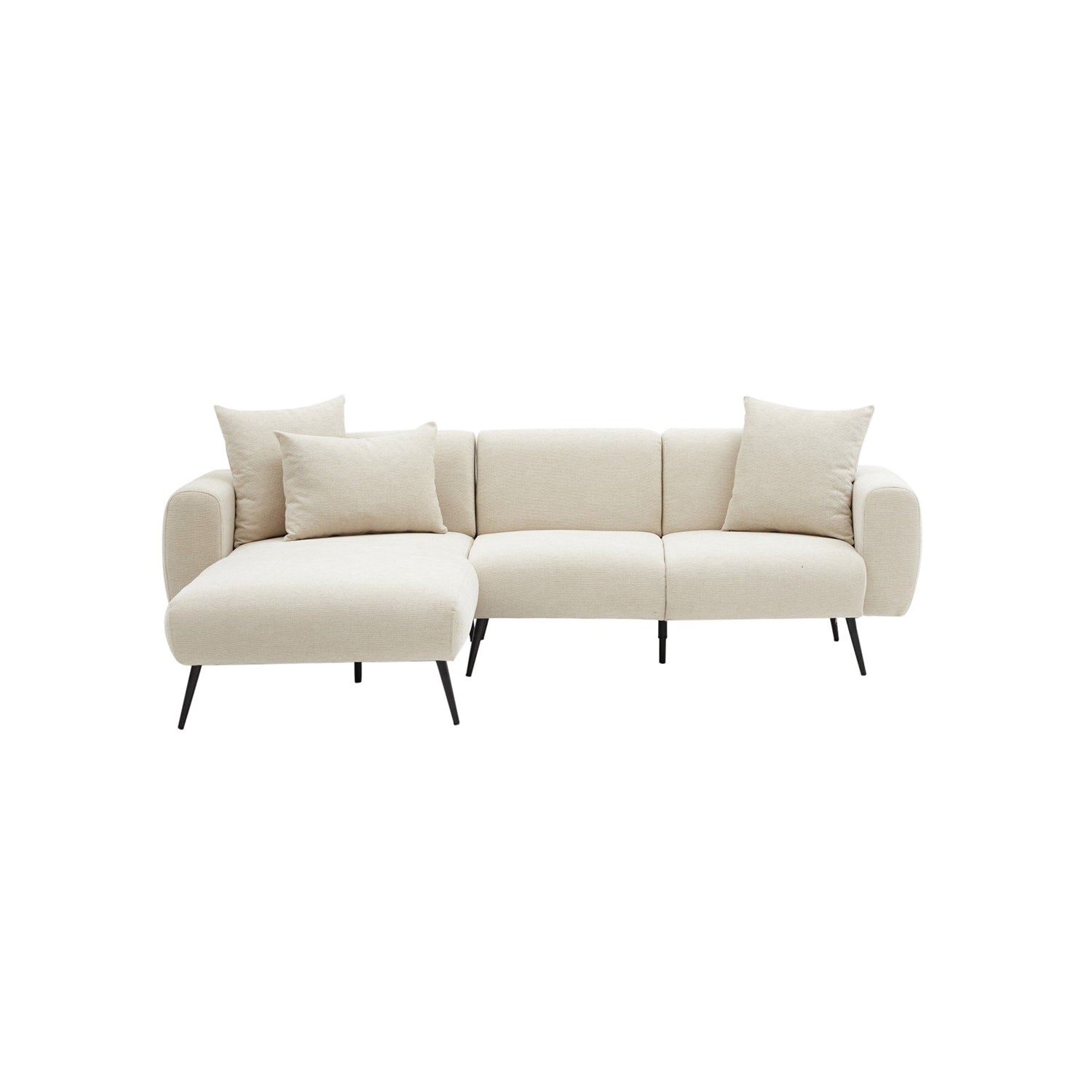 Sofá de canto elegante em tom creme, estrutura de madeira de faia, 252 cm | Tecido Bouclette 100% poliéster, fácil de limpar | Design reversível, pernas de metal, perfeito para salas de estar modernas