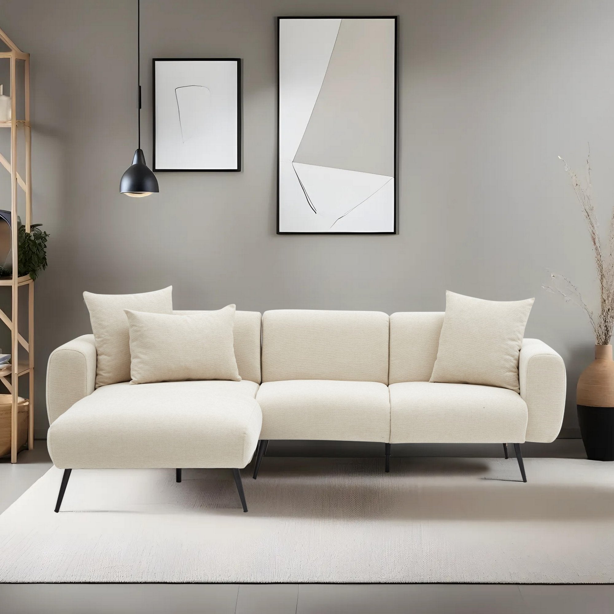 Sofá de canto elegante em tom creme, estrutura de madeira de faia, 252 cm | Tecido Bouclette 100% poliéster, fácil de limpar | Design reversível, pernas de metal, perfeito para salas de estar modernas