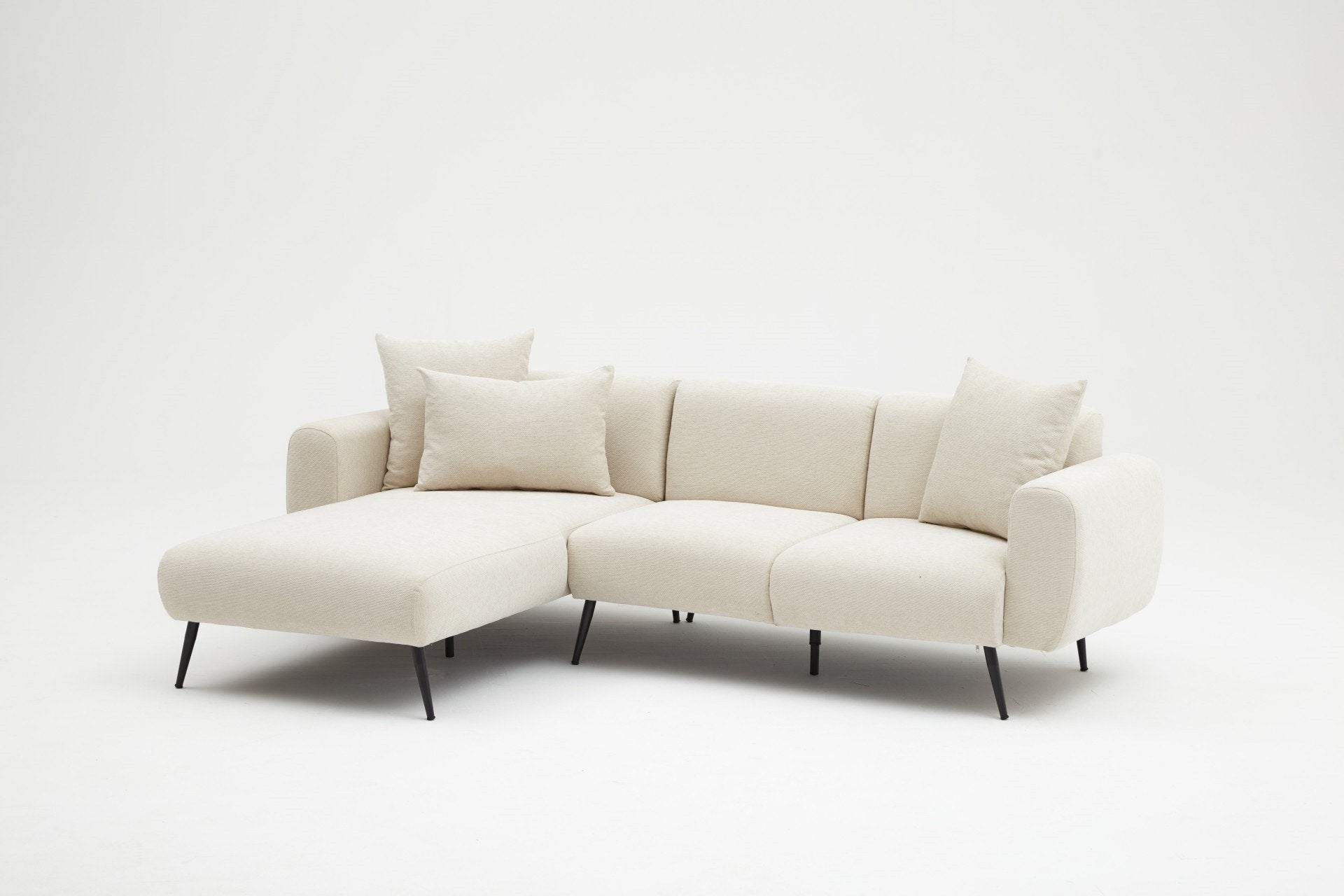 Sofá de canto elegante em tom creme, estrutura de madeira de faia, 252 cm | Tecido Bouclette 100% poliéster, fácil de limpar | Design reversível, pernas de metal, perfeito para salas de estar modernas