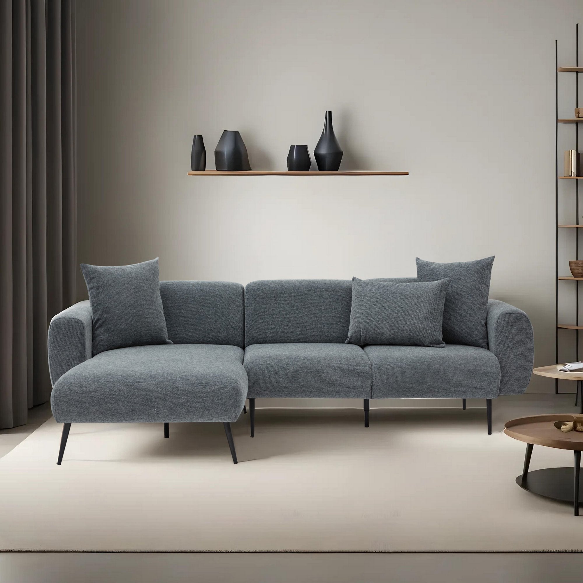 Sofá de canto elegante em antracite, estrutura de madeira de faia, 252 cm | Tecido bouclette 100% poliéster, fácil de limpar | Design reversível, pernas de metal, braços removíveis