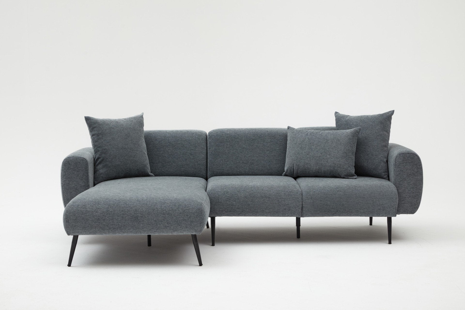 Sofá de canto elegante em antracite, estrutura de madeira de faia, 252 cm | Tecido bouclette 100% poliéster, fácil de limpar | Design reversível, pernas de metal, braços removíveis