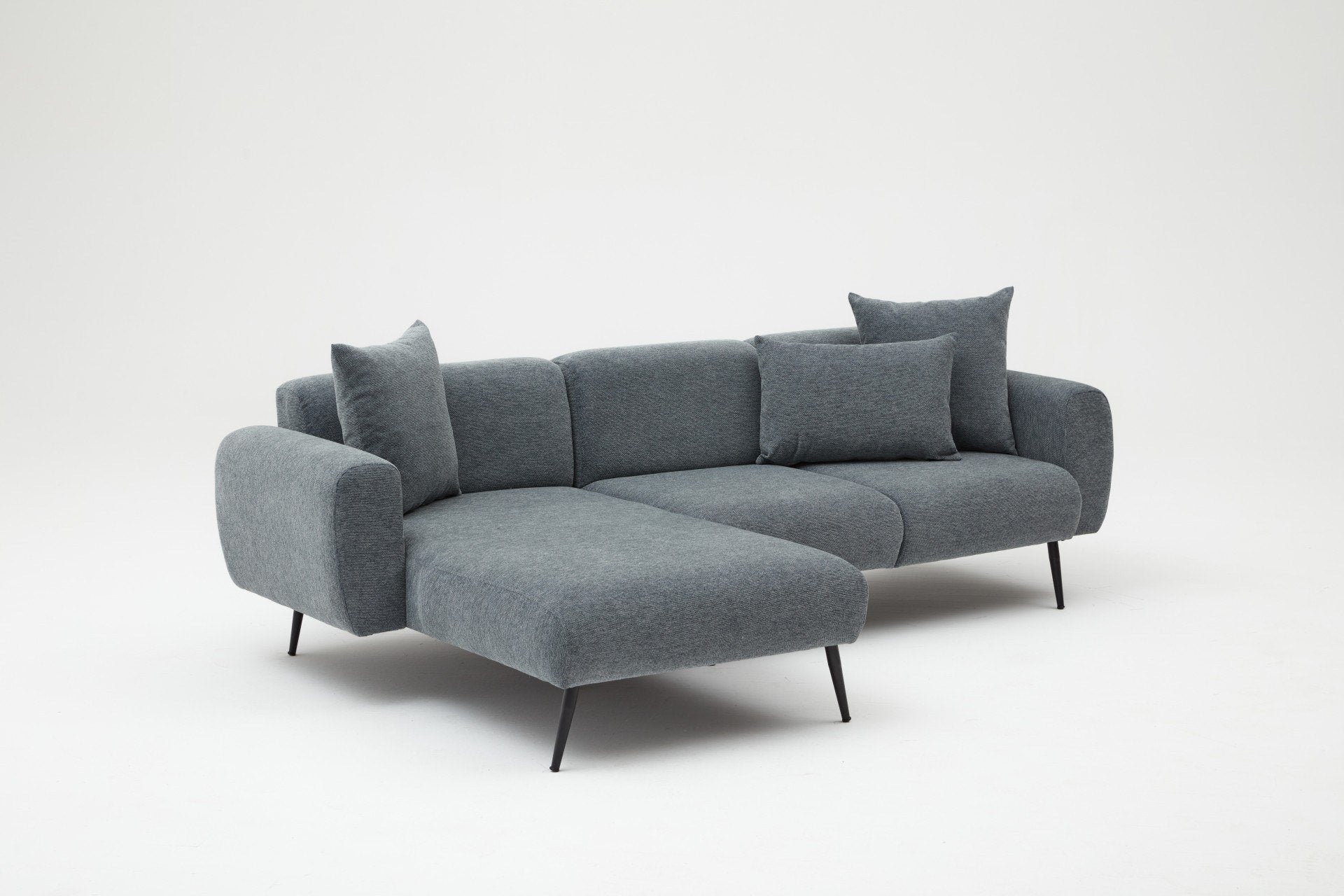 Sofá de canto elegante em antracite, estrutura de madeira de faia, 252 cm | Tecido bouclette 100% poliéster, fácil de limpar | Design reversível, pernas de metal, braços removíveis