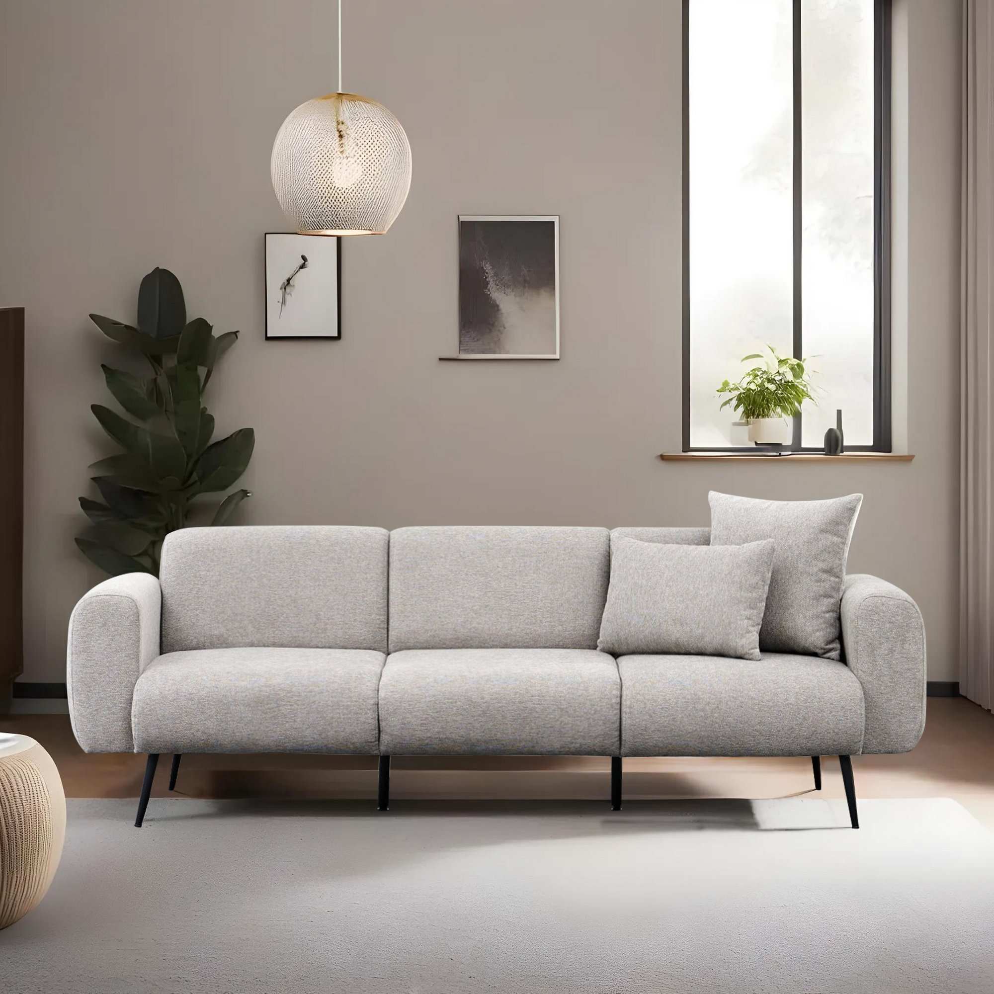 Sofá elegante de 3 lugares, cinza claro, 235 cm | Estrutura 100% madeira de faia, tecido de poliéster chenille | Perfeito para salas de estar modernas e espaços aconchegantes