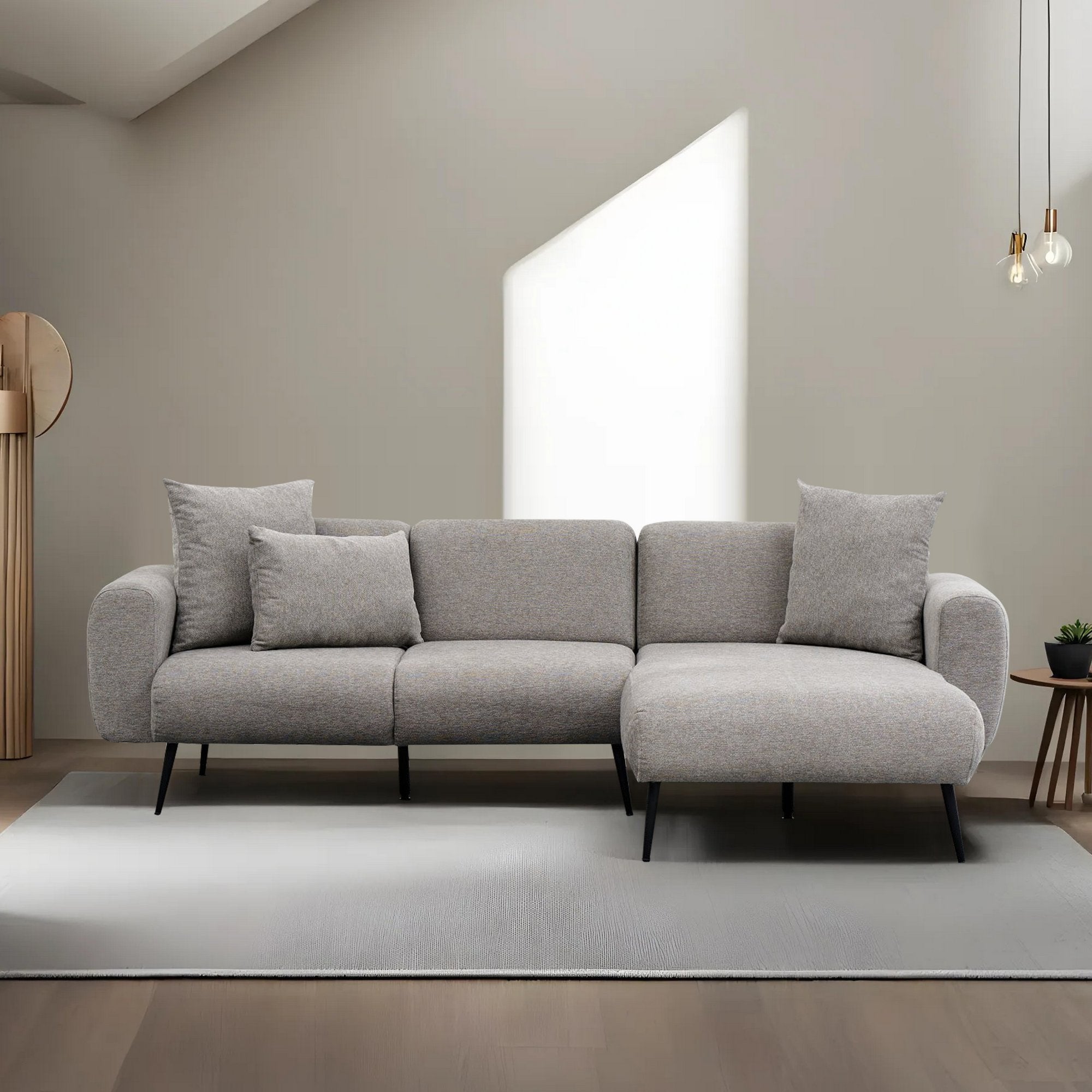 Sofá de canto reversível, cinza claro, 252 cm | Estrutura 100% madeira de faia, tecido chenille | Braços removíveis, perfeito para salas de estar modernas