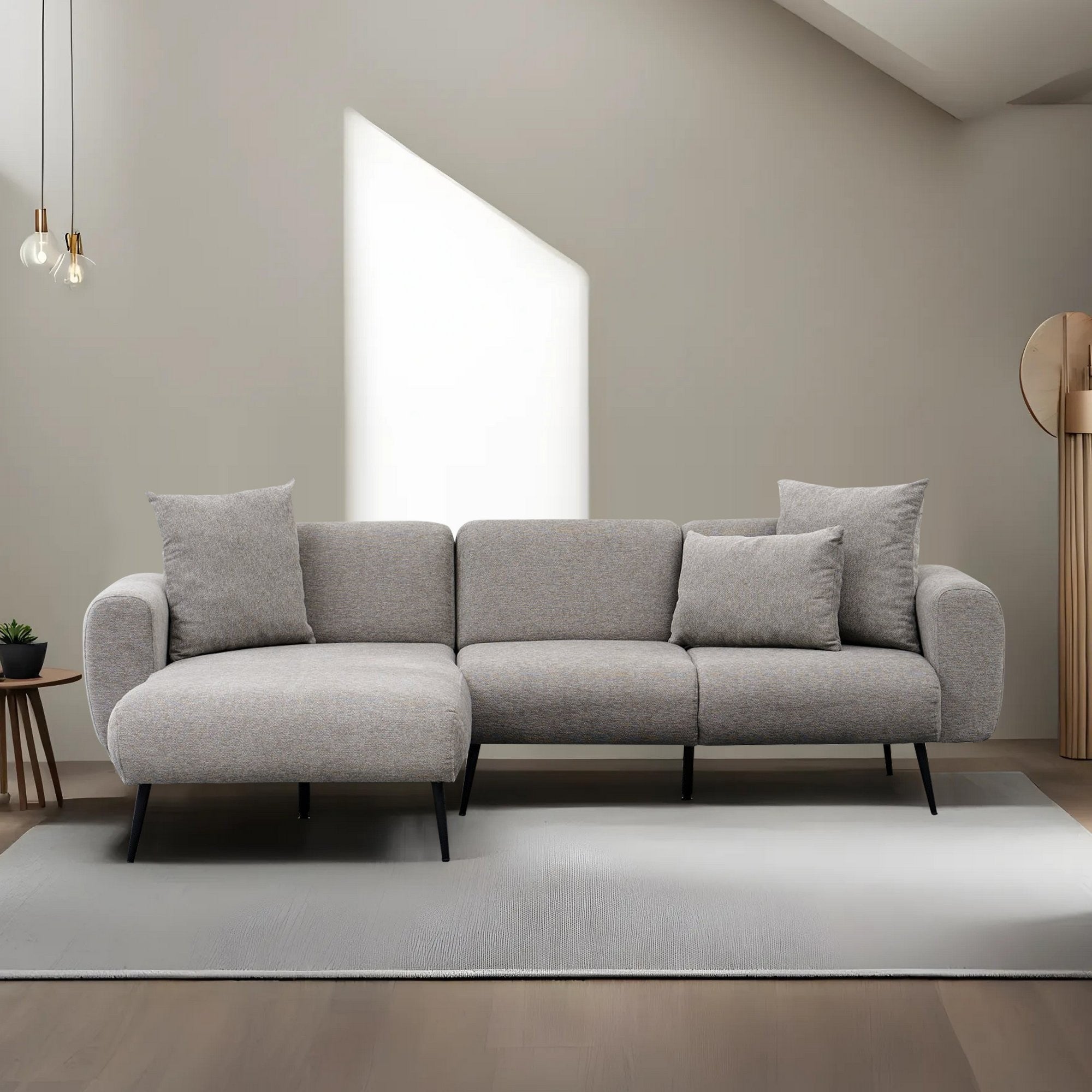 Sofá de canto reversível, cinza claro, 252 cm | Estrutura 100% madeira de faia, tecido chenille | Braços removíveis, perfeito para salas de estar modernas