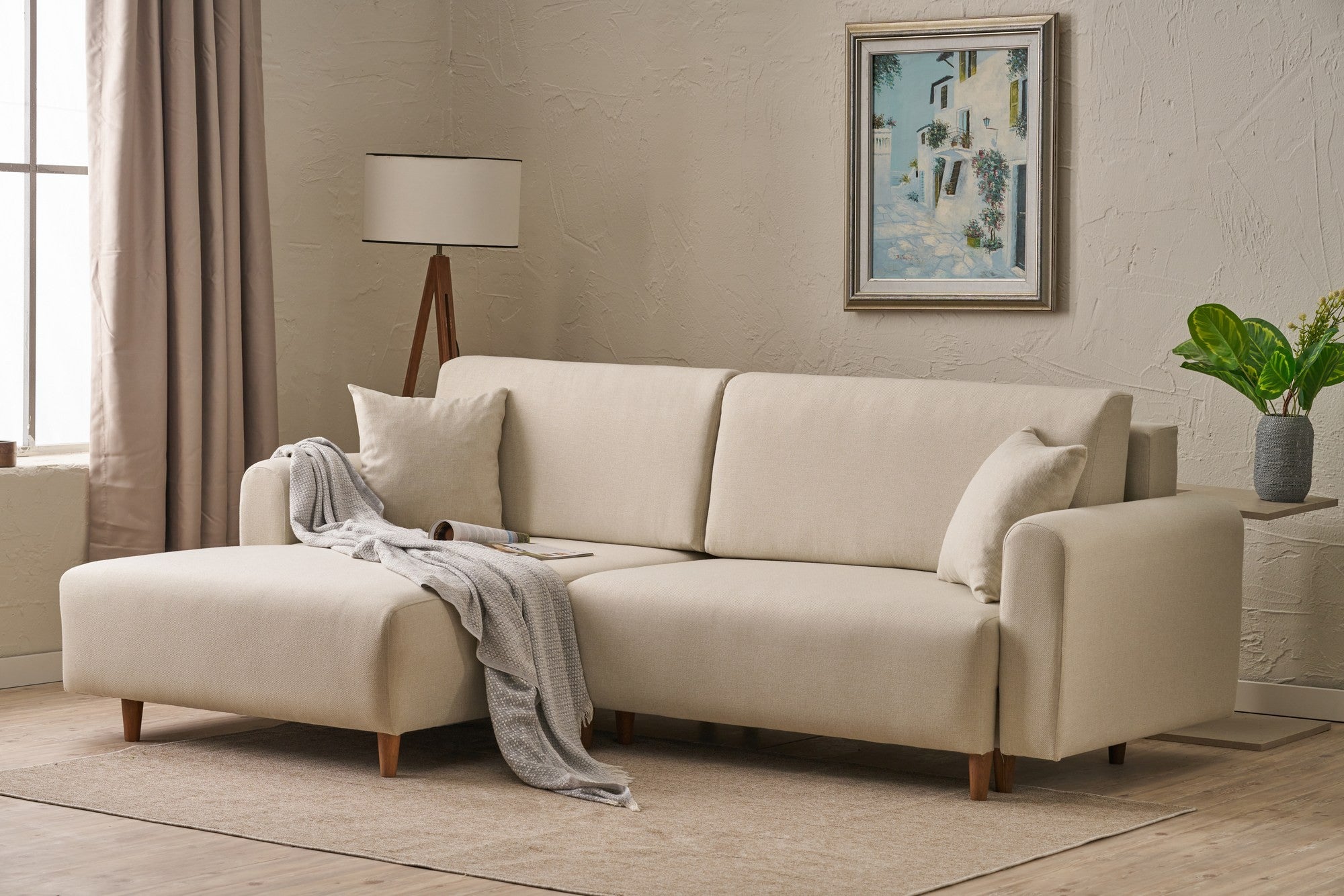 Sofá-cama de canto elegante, creme, 246 x 160 x 85 cm | Estrutura em madeira de abeto, 100% poliéster, pernas em madeira de faia | Cama confortável de 210 x 135 cm, elegante e funcional