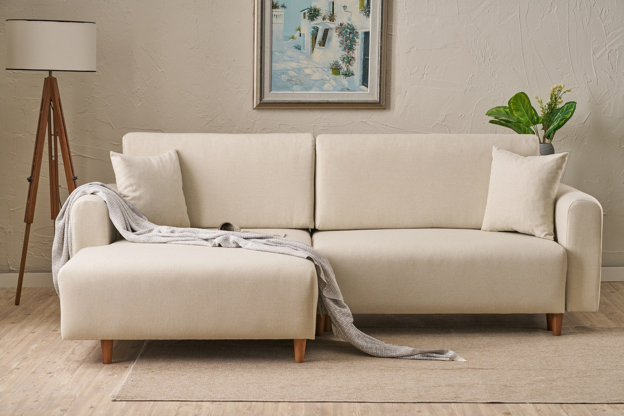 Sofá-cama de canto elegante, creme, 246 x 160 x 85 cm | Estrutura em madeira de abeto, 100% poliéster, pernas em madeira de faia | Cama confortável de 210 x 135 cm, elegante e funcional