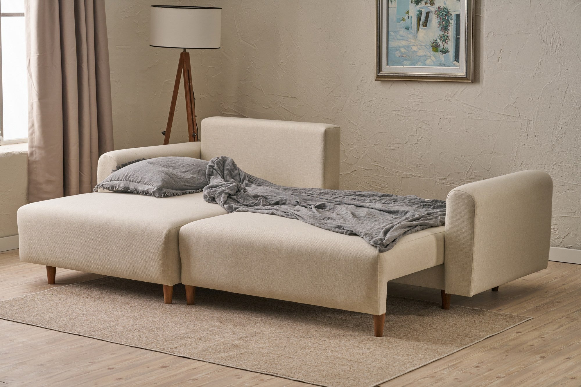 Sofá-cama de canto elegante, creme, 246 x 160 x 85 cm | Estrutura em madeira de abeto, 100% poliéster, pernas em madeira de faia | Cama confortável de 210 x 135 cm, elegante e funcional