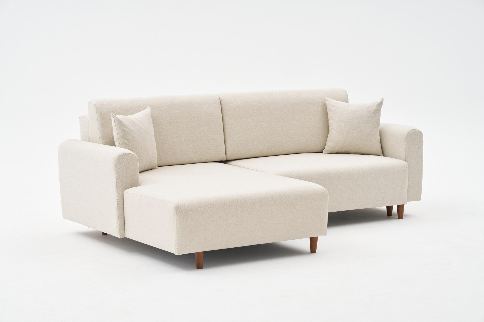 Sofá-cama de canto elegante, creme, 246 x 160 x 85 cm | Estrutura em madeira de abeto, 100% poliéster, pernas em madeira de faia | Cama confortável de 210 x 135 cm, elegante e funcional