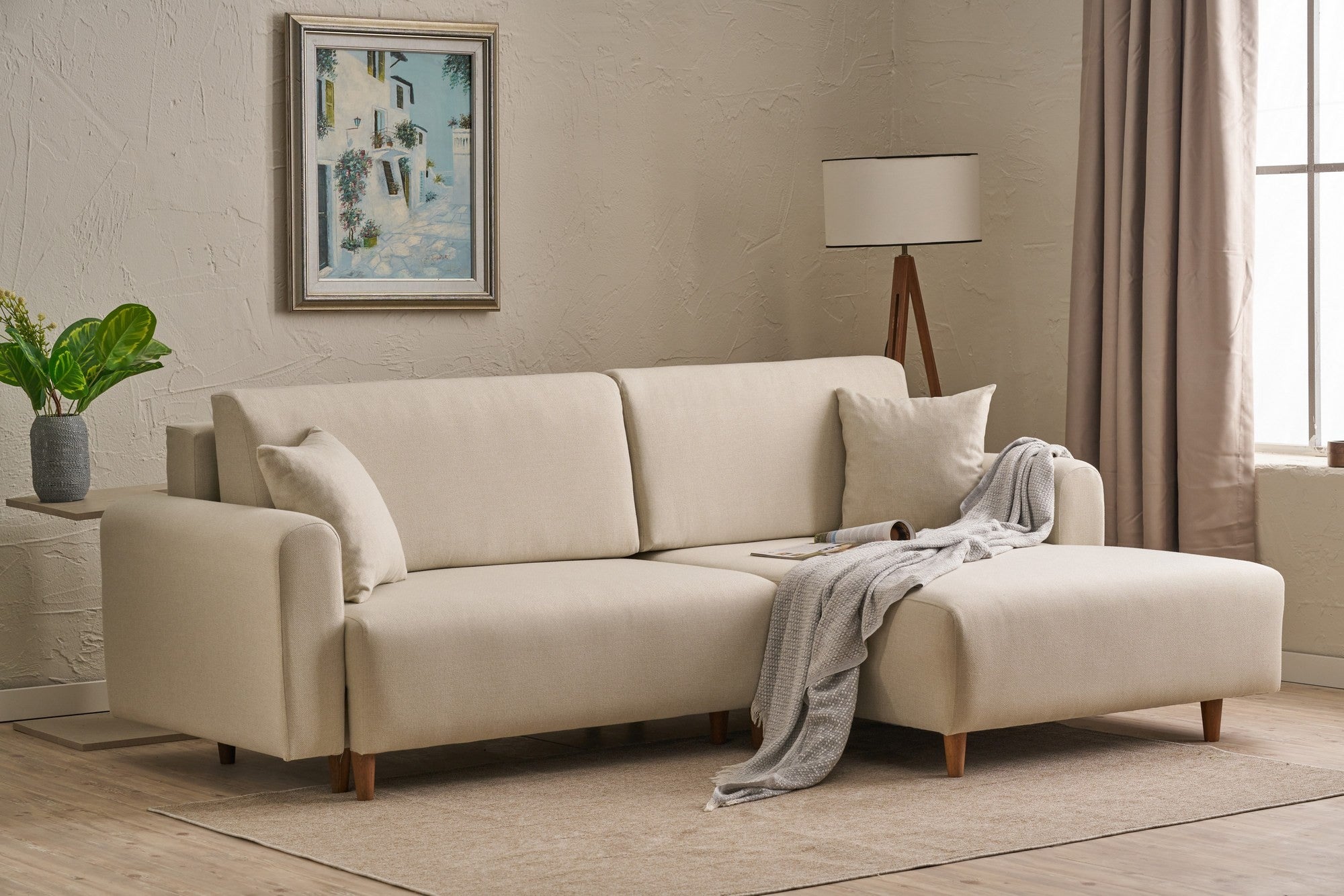 Sofá-cama de canto elegante, creme, 246 x 160 x 85 cm | Estrutura em madeira de abeto, 100% poliéster, pernas em madeira de faia | Cama confortável de 210 x 135 cm, elegante e funcional