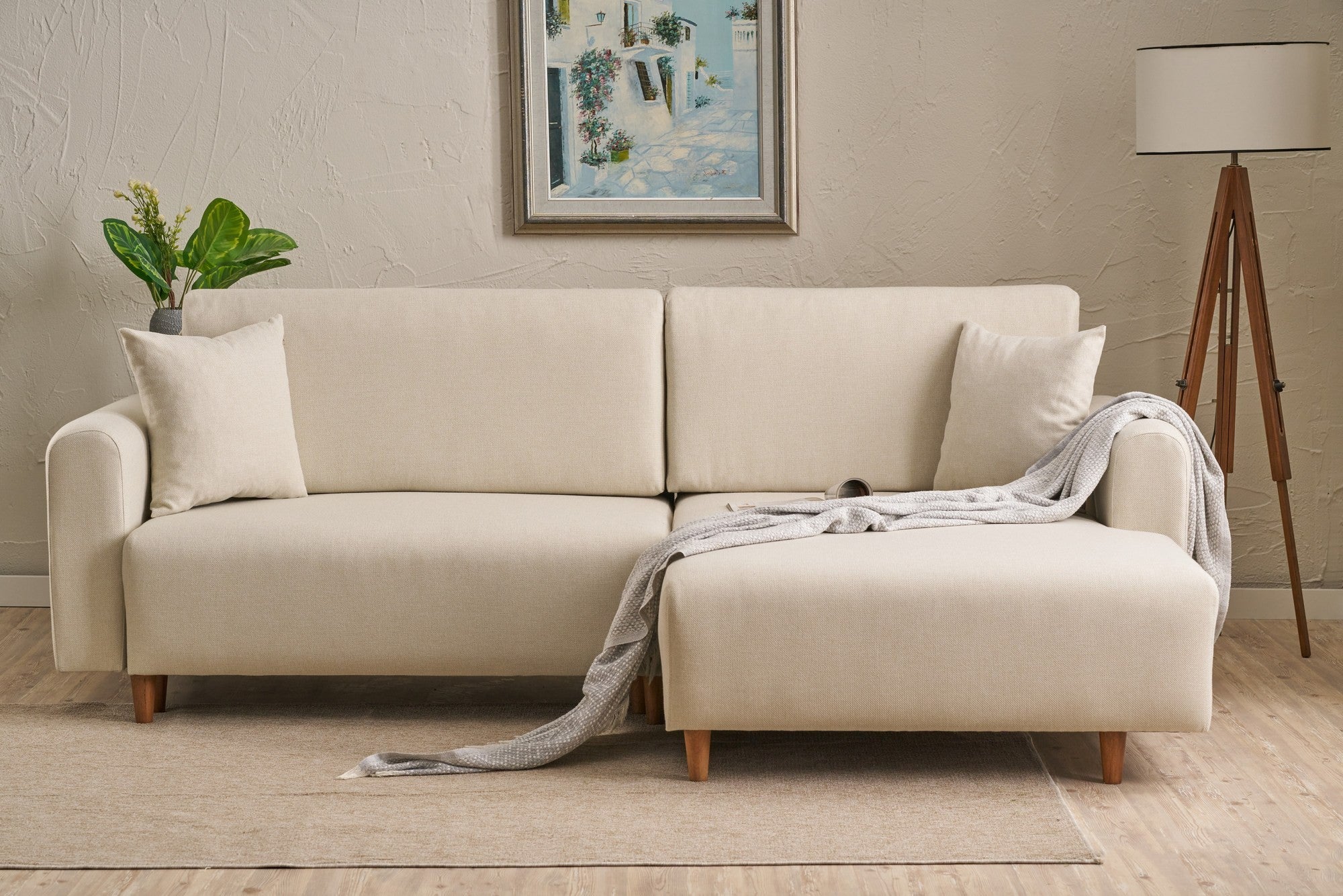 Sofá-cama de canto elegante, creme, 246 x 160 x 85 cm | Estrutura em madeira de abeto, 100% poliéster, pernas em madeira de faia | Cama confortável de 210 x 135 cm, elegante e funcional