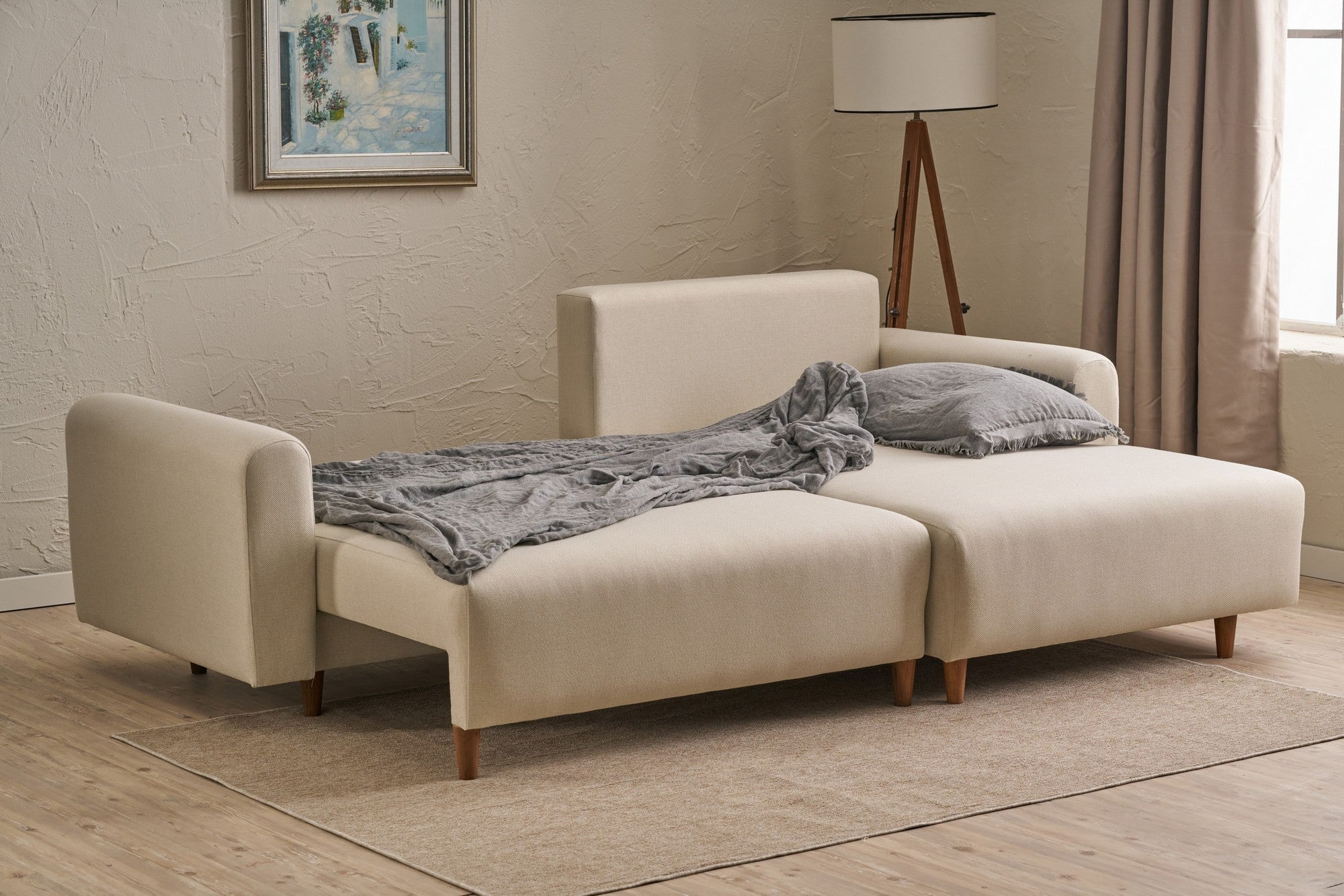 Sofá-cama de canto elegante, creme, 246 x 160 x 85 cm | Estrutura em madeira de abeto, 100% poliéster, pernas em madeira de faia | Cama confortável de 210 x 135 cm, elegante e funcional