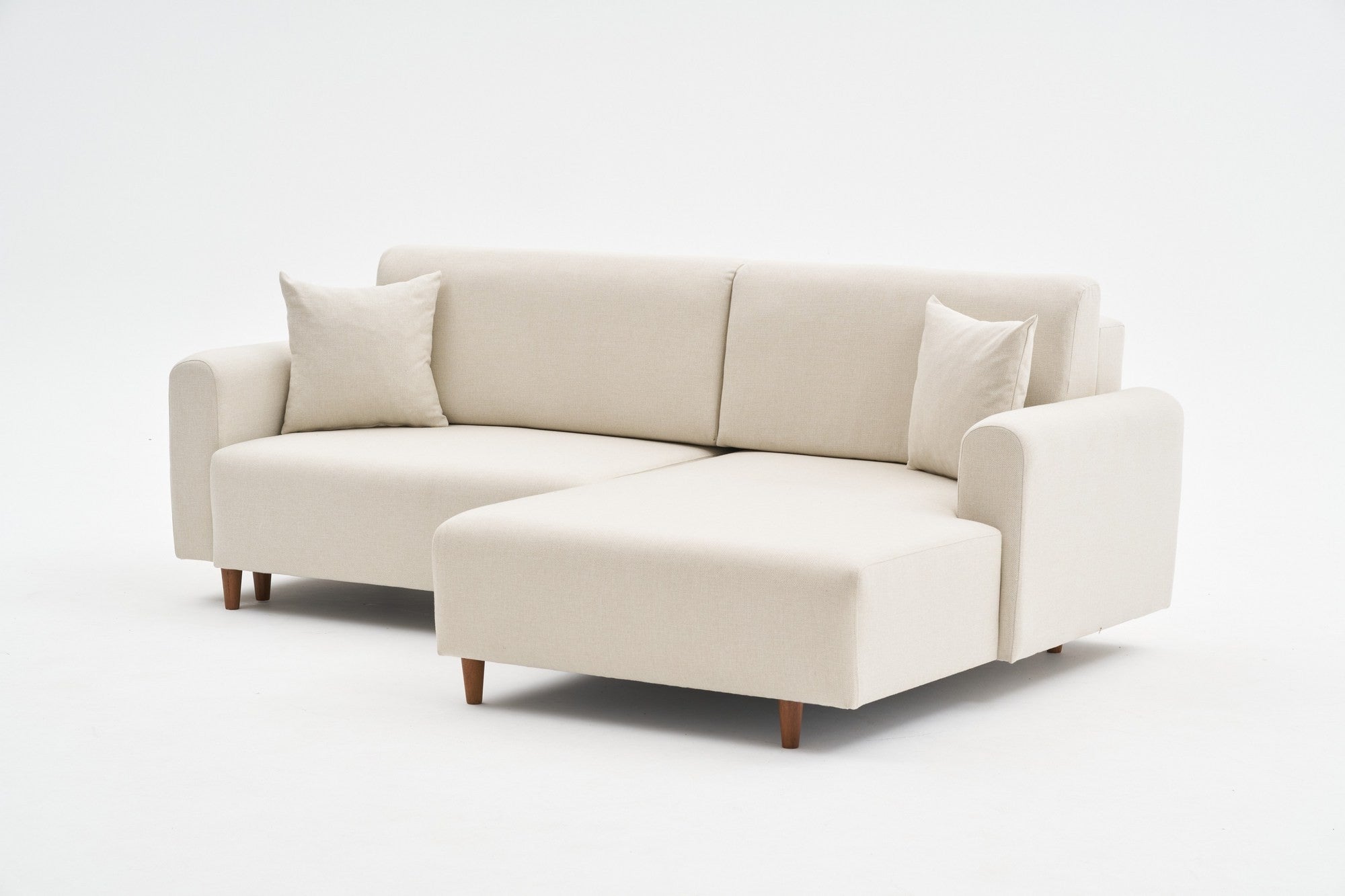 Sofá-cama de canto elegante, creme, 246 x 160 x 85 cm | Estrutura em madeira de abeto, 100% poliéster, pernas em madeira de faia | Cama confortável de 210 x 135 cm, elegante e funcional