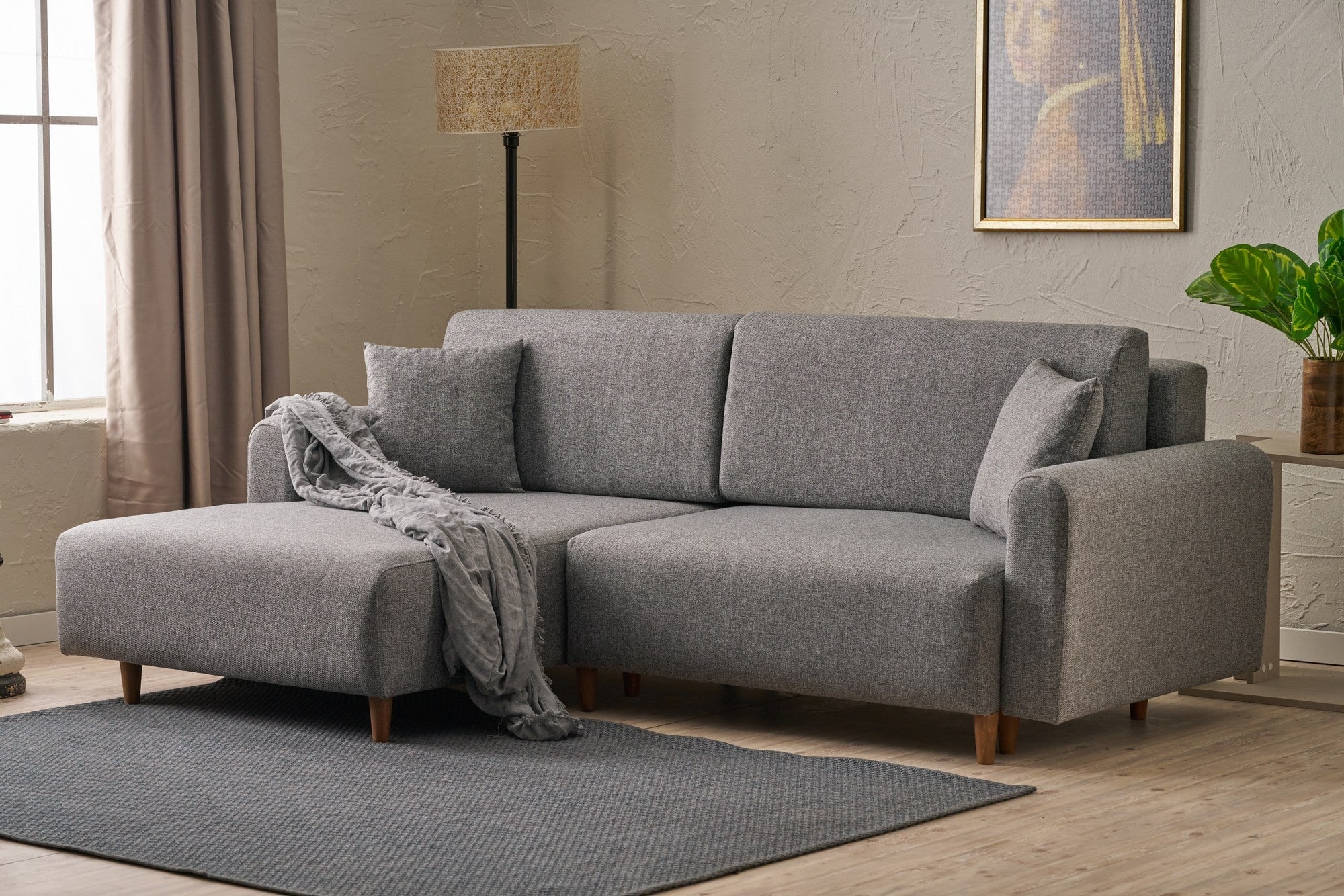 Sofá-cama de canto elegante, cinza, 246 x 160 x 85 cm | Estrutura em madeira de abeto, 100% poliéster, espuma 28 DNS, pernas em madeira de faia | Perfeito para espaços modernos