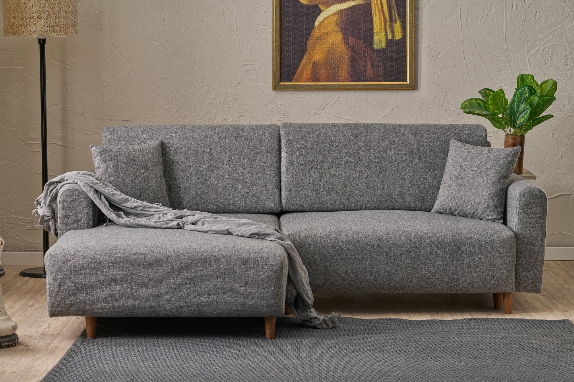 Sofá-cama de canto elegante, cinza, 246 x 160 x 85 cm | Estrutura em madeira de abeto, 100% poliéster, espuma 28 DNS, pernas em madeira de faia | Perfeito para espaços modernos