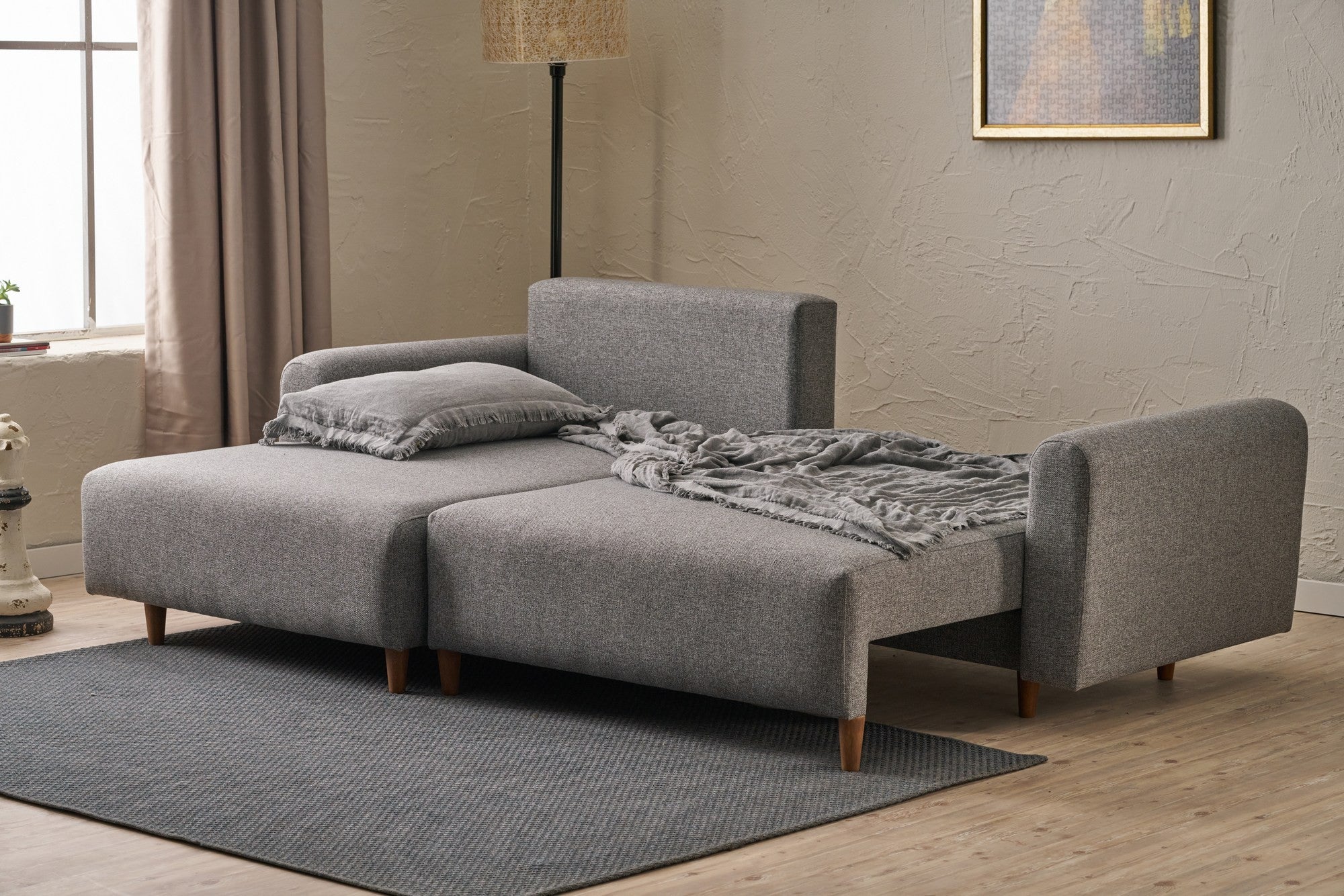 Sofá-cama de canto elegante, cinza, 246 x 160 x 85 cm | Estrutura em madeira de abeto, 100% poliéster, espuma 28 DNS, pernas em madeira de faia | Perfeito para espaços modernos
