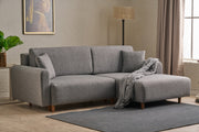 Sofá-cama de canto elegante, cinza, 246 x 160 x 85 cm | Estrutura em madeira de abeto, 100% poliéster, espuma 28 DNS, pernas em madeira de faia | Perfeito para espaços modernos
