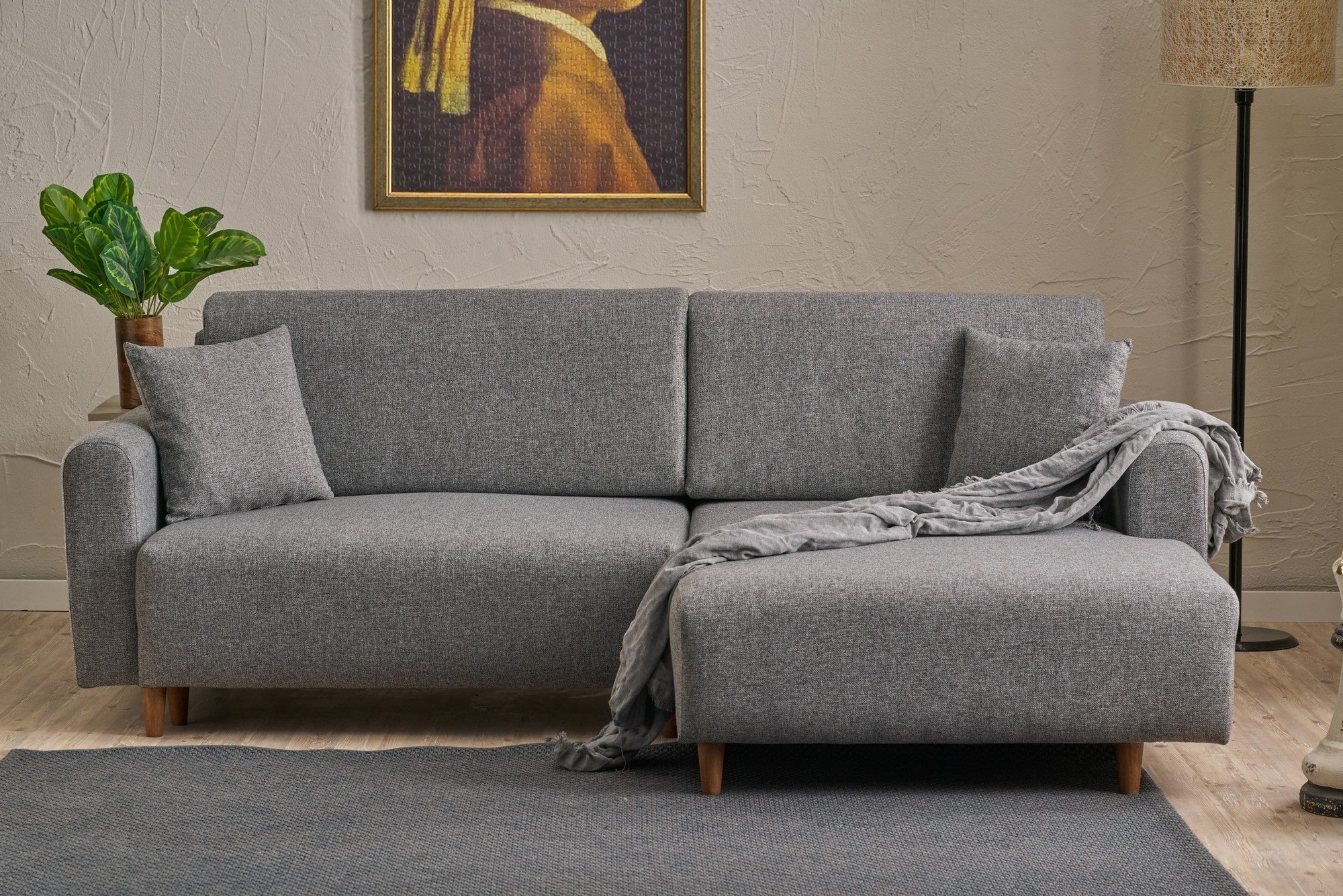 Sofá-cama de canto elegante, cinza, 246 x 160 x 85 cm | Estrutura em madeira de abeto, 100% poliéster, espuma 28 DNS, pernas em madeira de faia | Perfeito para espaços modernos