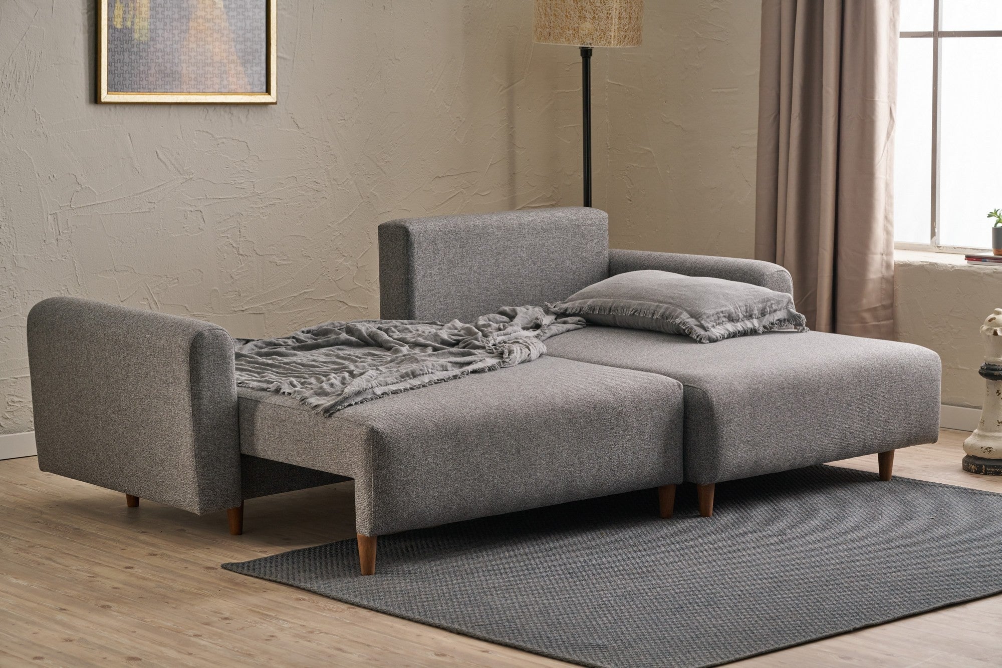 Sofá-cama de canto elegante, cinza, 246 x 160 x 85 cm | Estrutura em madeira de abeto, 100% poliéster, espuma 28 DNS, pernas em madeira de faia | Perfeito para espaços modernos