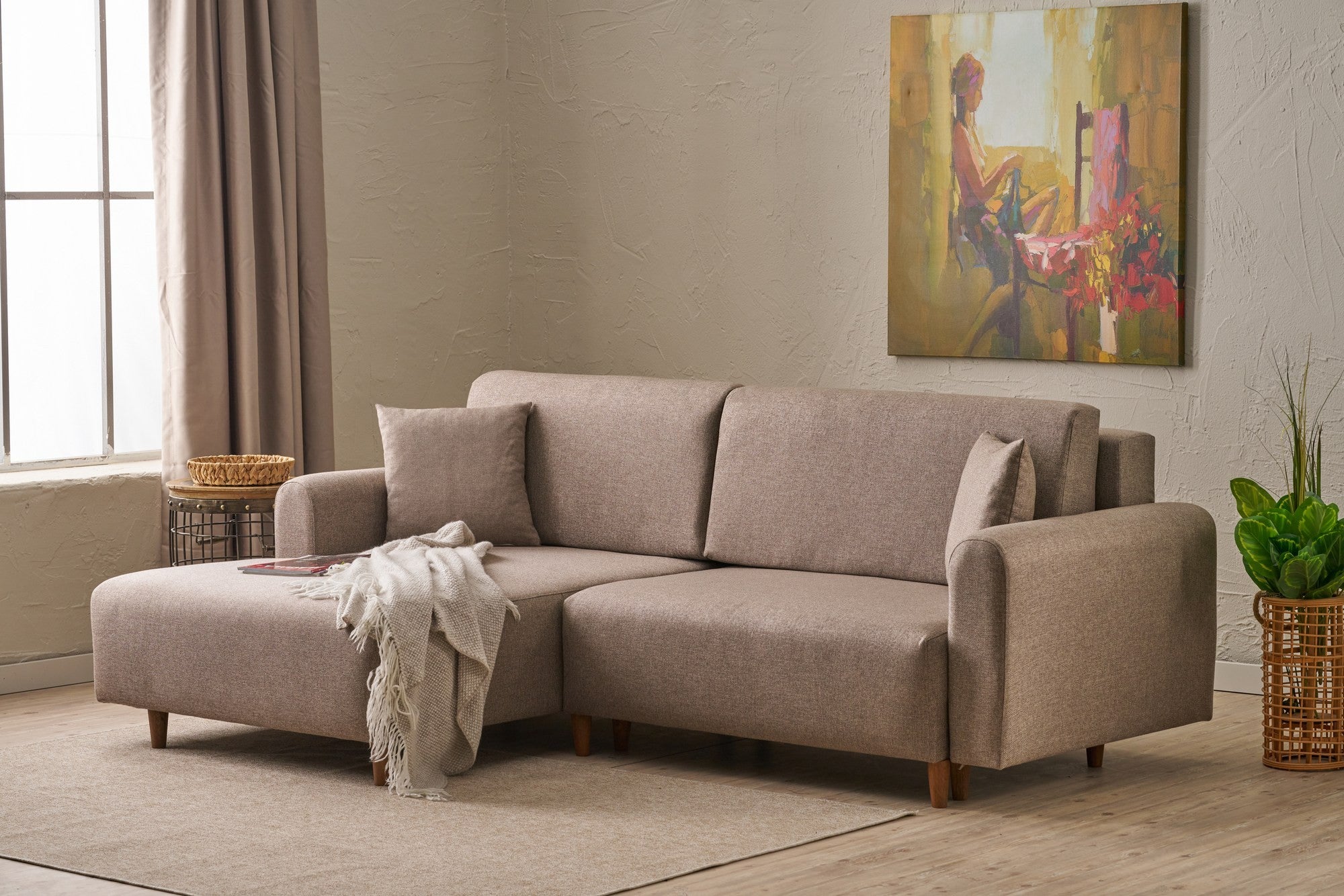 Sofá-cama de canto elegante, marrom, 246 x 160 x 85 cm | 100% poliéster, pernas de madeira de faia, espuma 28 DNS | Converte-se em cama (210 x 135 cm) para uma vida moderna
