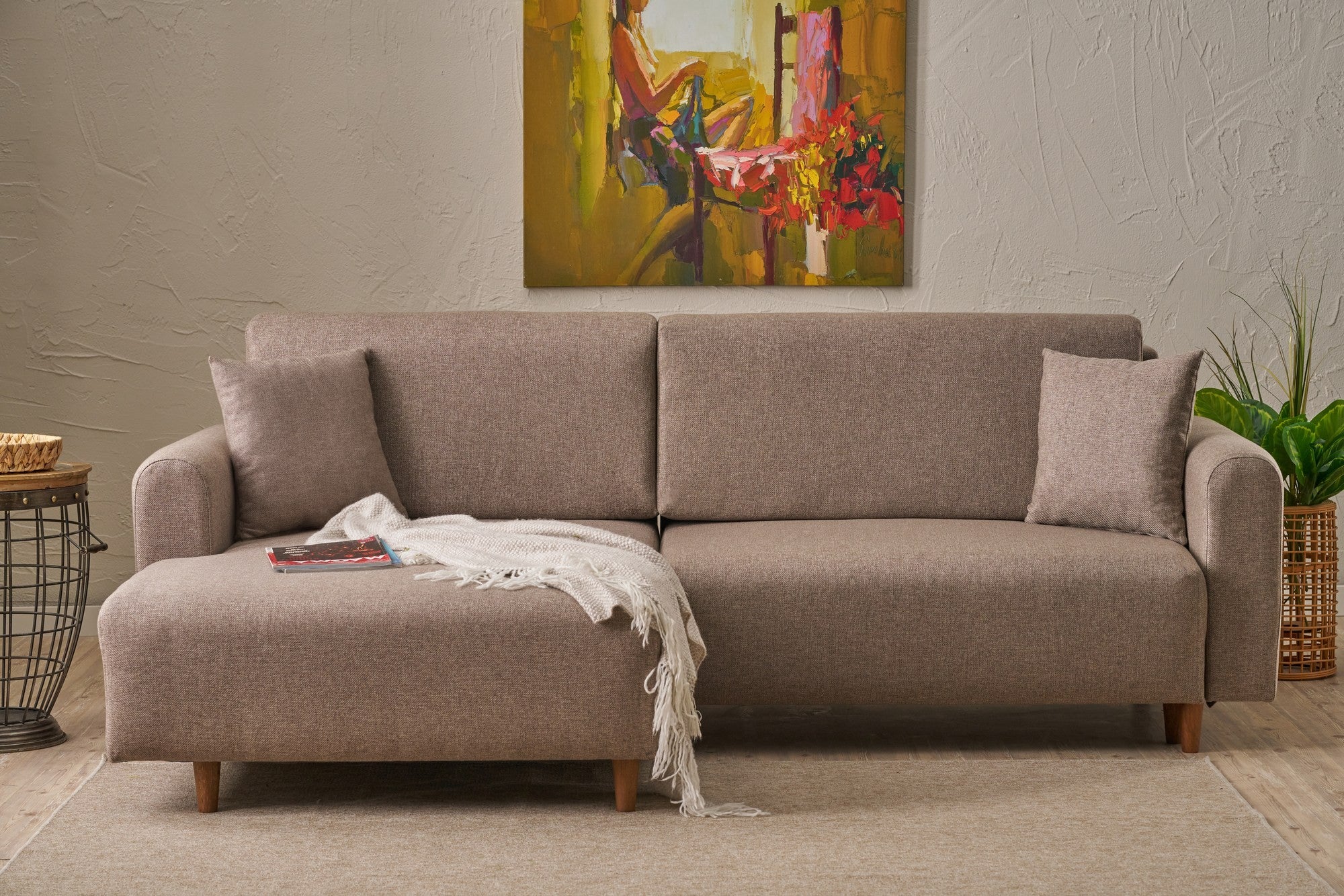 Sofá-cama de canto elegante, marrom, 246 x 160 x 85 cm | 100% poliéster, pernas de madeira de faia, espuma 28 DNS | Converte-se em cama (210 x 135 cm) para uma vida moderna