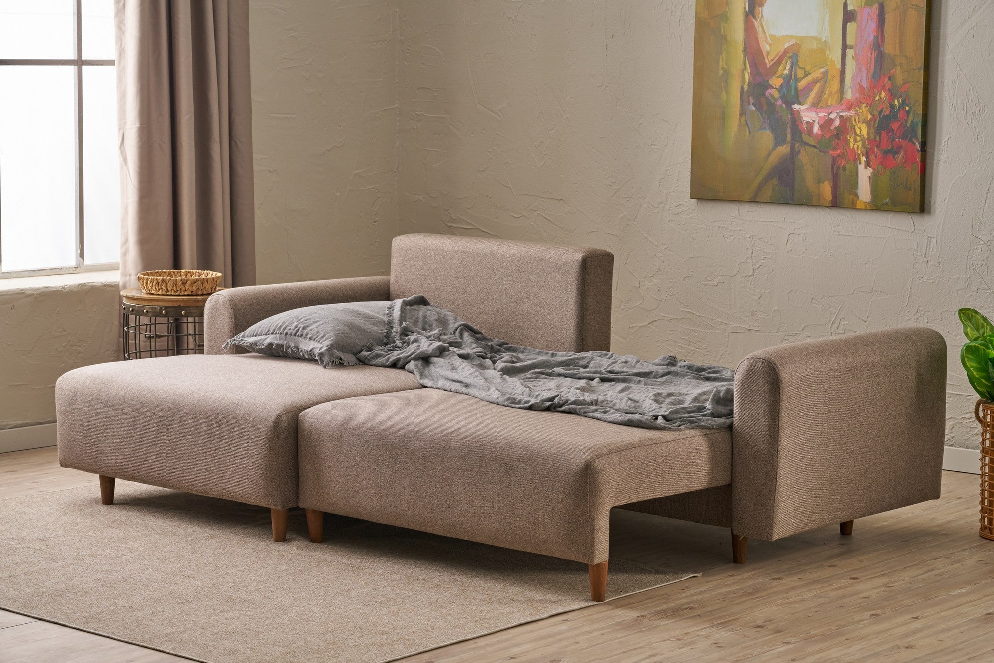 Sofá-cama de canto elegante, marrom, 246 x 160 x 85 cm | 100% poliéster, pernas de madeira de faia, espuma 28 DNS | Converte-se em cama (210 x 135 cm) para uma vida moderna