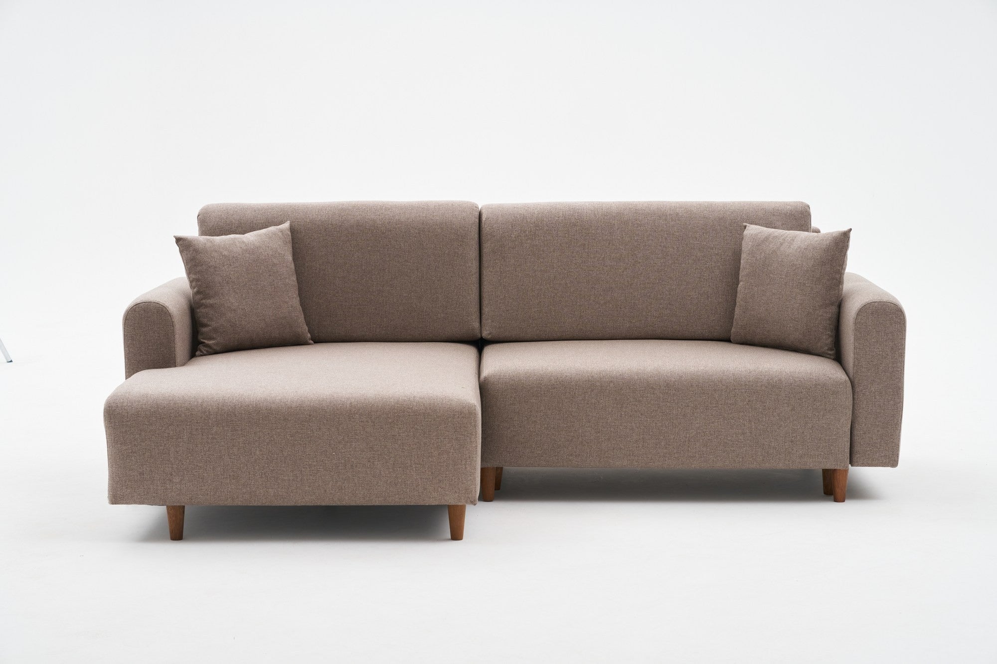 Sofá-cama de canto elegante, marrom, 246 x 160 x 85 cm | 100% poliéster, pernas de madeira de faia, espuma 28 DNS | Converte-se em cama (210 x 135 cm) para uma vida moderna
