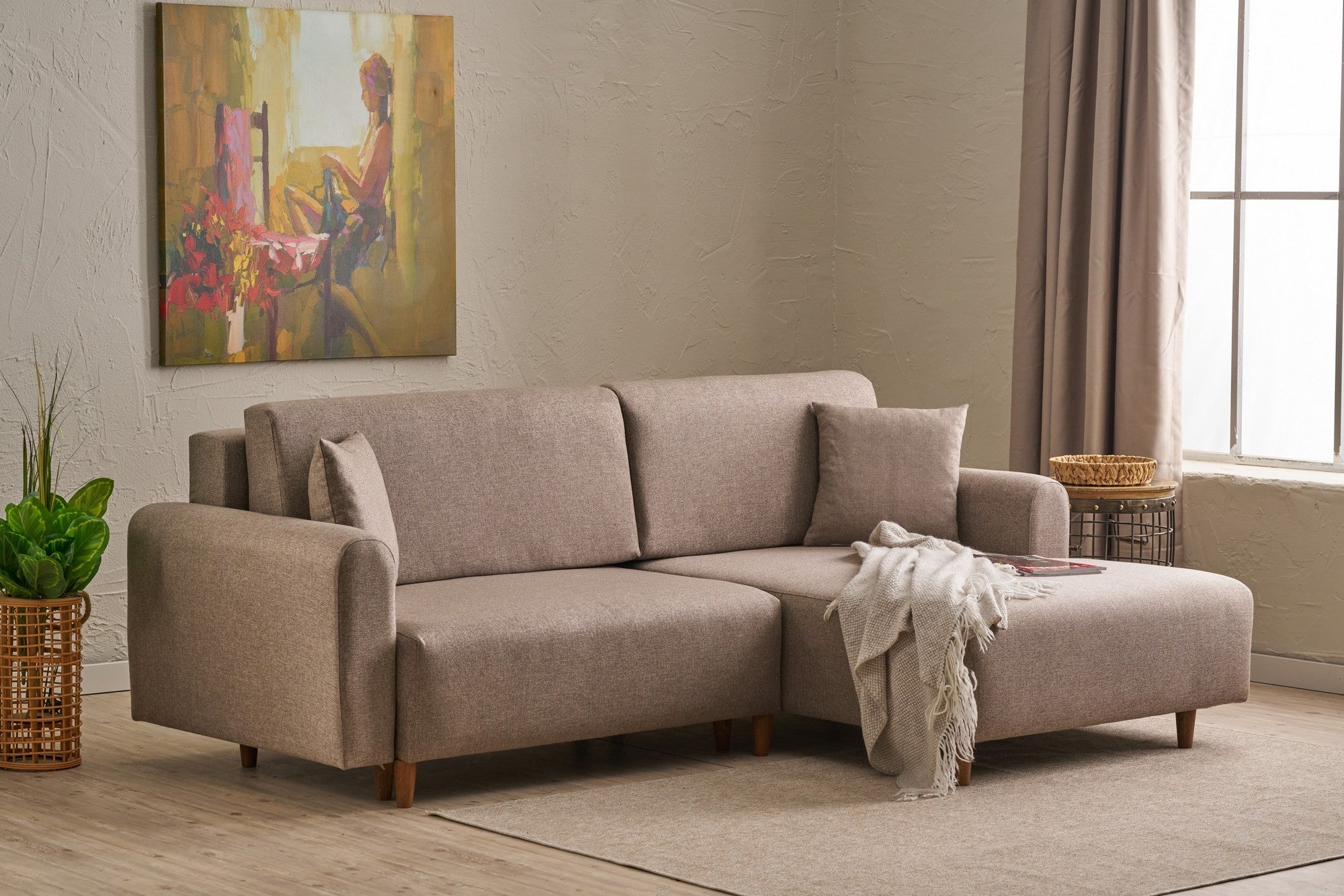 Sofá-cama de canto elegante, marrom, 246 x 160 x 85 cm | 100% poliéster, pernas de madeira de faia, espuma 28 DNS | Converte-se em cama (210 x 135 cm) para uma vida moderna