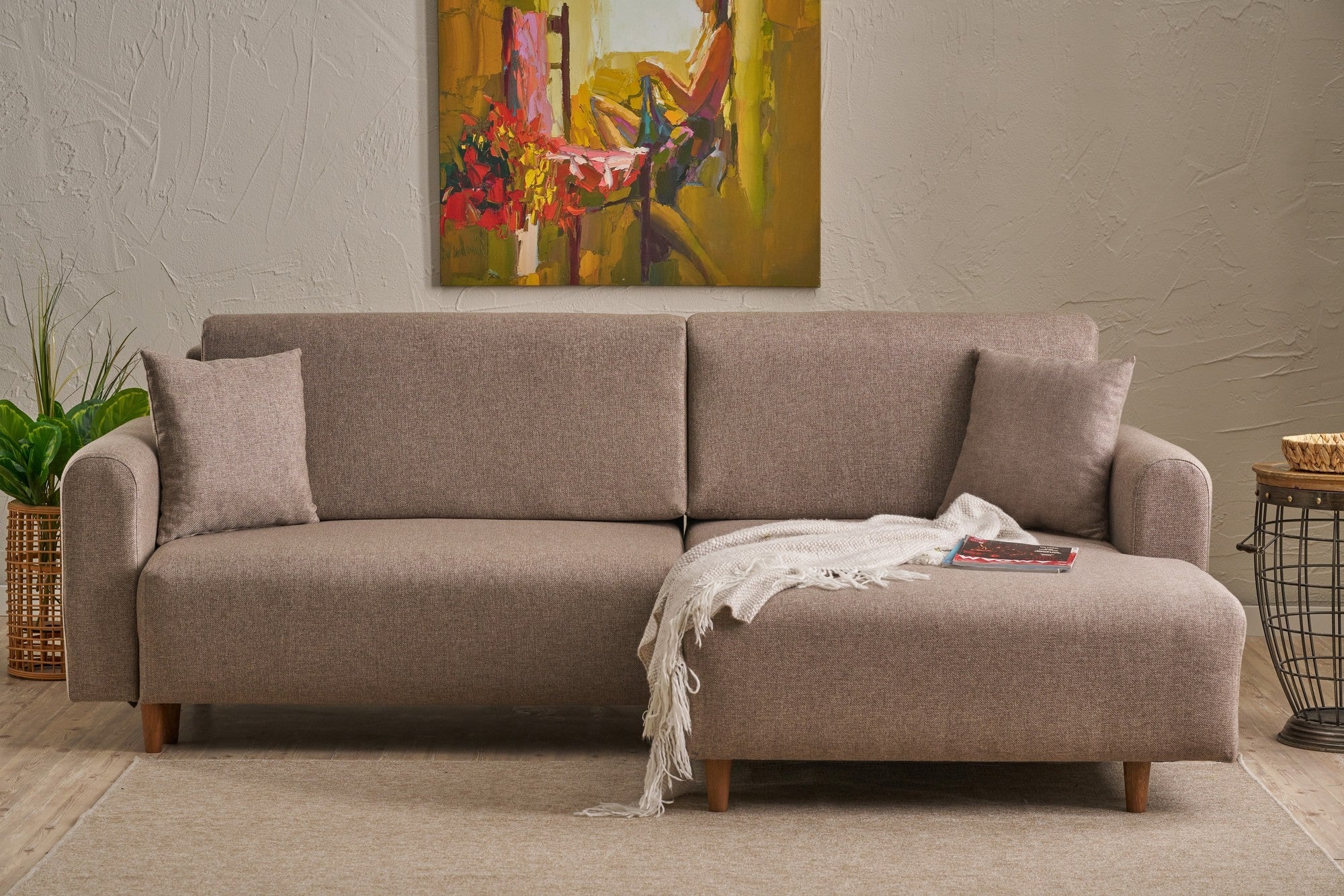 Sofá-cama de canto elegante, marrom, 246 x 160 x 85 cm | 100% poliéster, pernas de madeira de faia, espuma 28 DNS | Converte-se em cama (210 x 135 cm) para uma vida moderna
