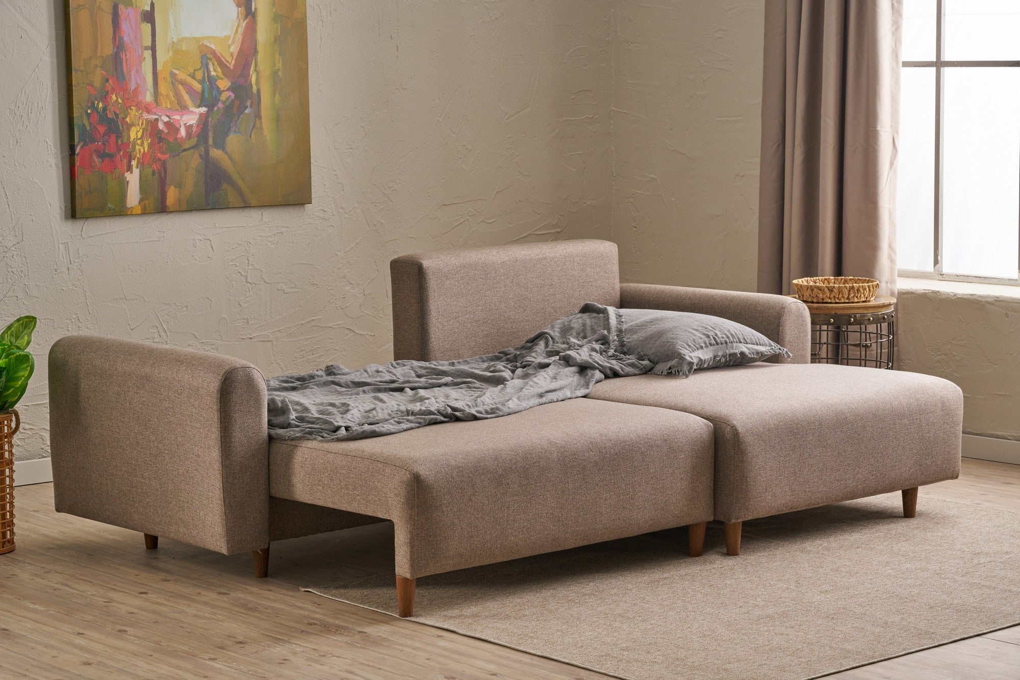 Sofá-cama de canto elegante, marrom, 246 x 160 x 85 cm | 100% poliéster, pernas de madeira de faia, espuma 28 DNS | Converte-se em cama (210 x 135 cm) para uma vida moderna