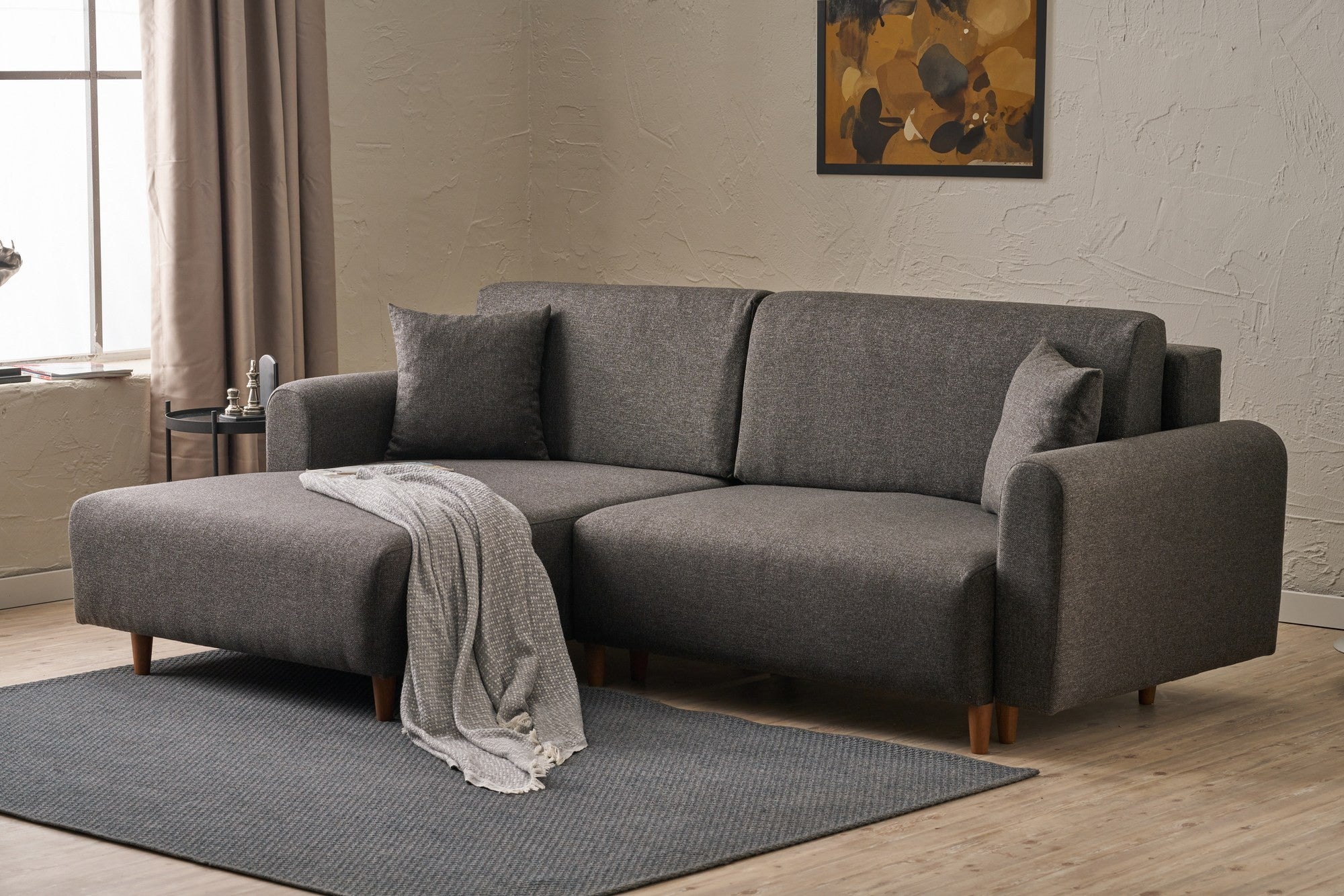 Sofá-cama de canto elegante, antracite, 246 x 160 x 85 cm | Estrutura em madeira de abeto, 100% poliéster, espuma 28 DNS, pernas em madeira de faia | Perfeito para espaços modernos