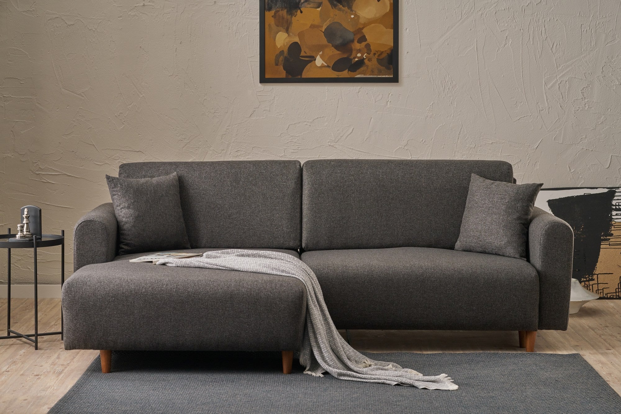 Sofá-cama de canto elegante, antracite, 246 x 160 x 85 cm | Estrutura em madeira de abeto, 100% poliéster, espuma 28 DNS, pernas em madeira de faia | Perfeito para espaços modernos