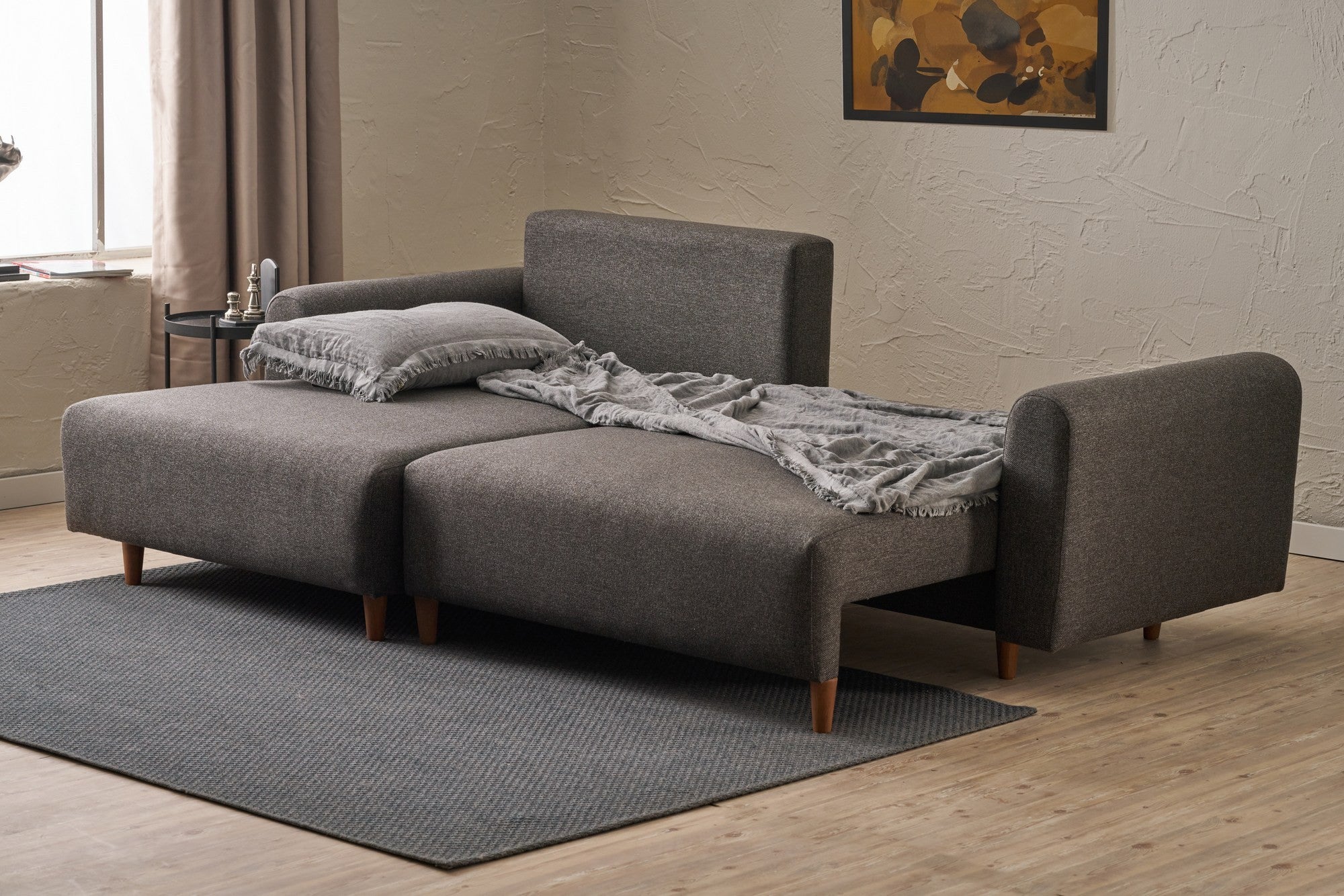 Sofá-cama de canto elegante, antracite, 246 x 160 x 85 cm | Estrutura em madeira de abeto, 100% poliéster, espuma 28 DNS, pernas em madeira de faia | Perfeito para espaços modernos