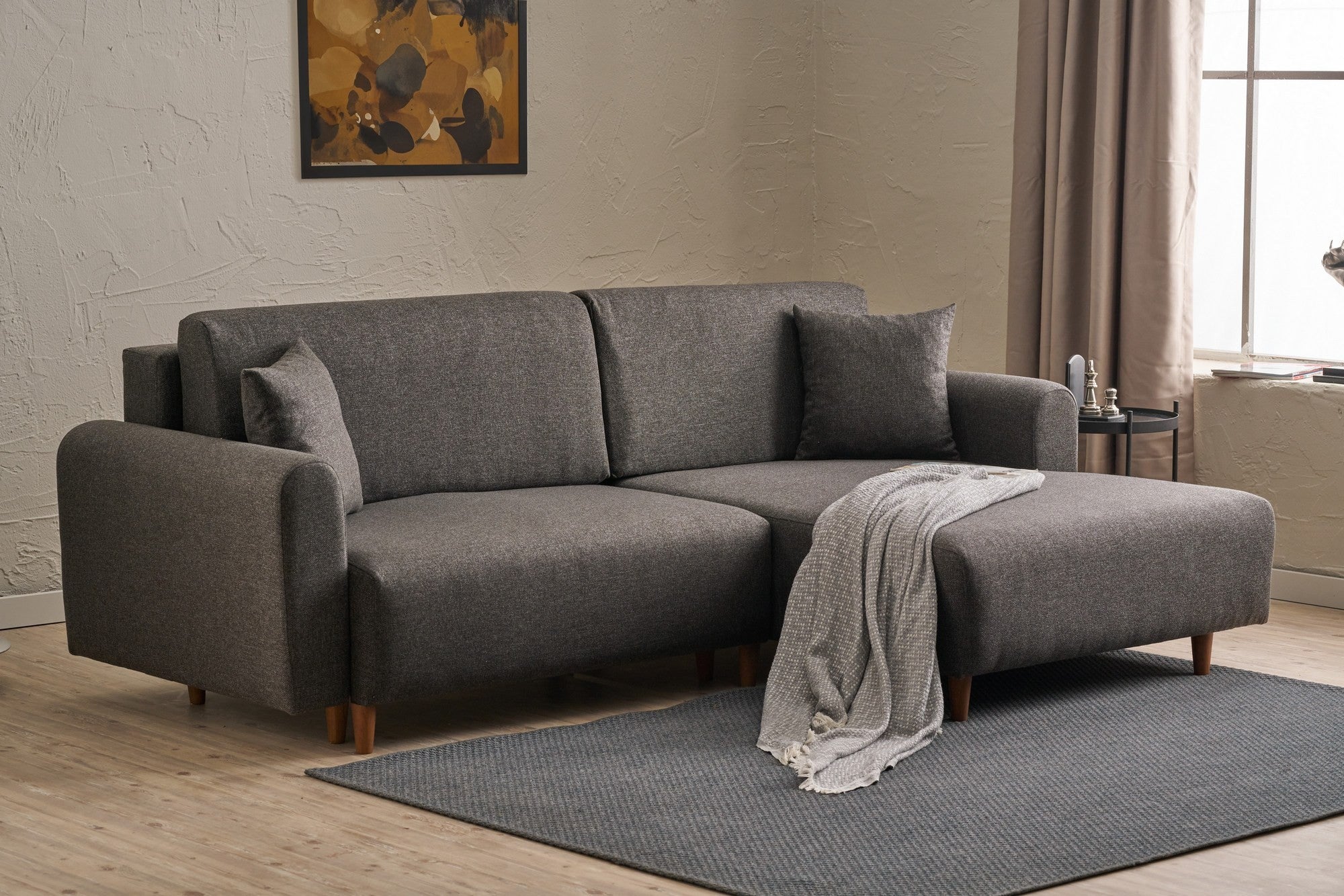 Sofá-cama de canto elegante, antracite, 246 x 160 x 85 cm | Estrutura em madeira de abeto, 100% poliéster, espuma 28 DNS, pernas em madeira de faia | Perfeito para espaços modernos